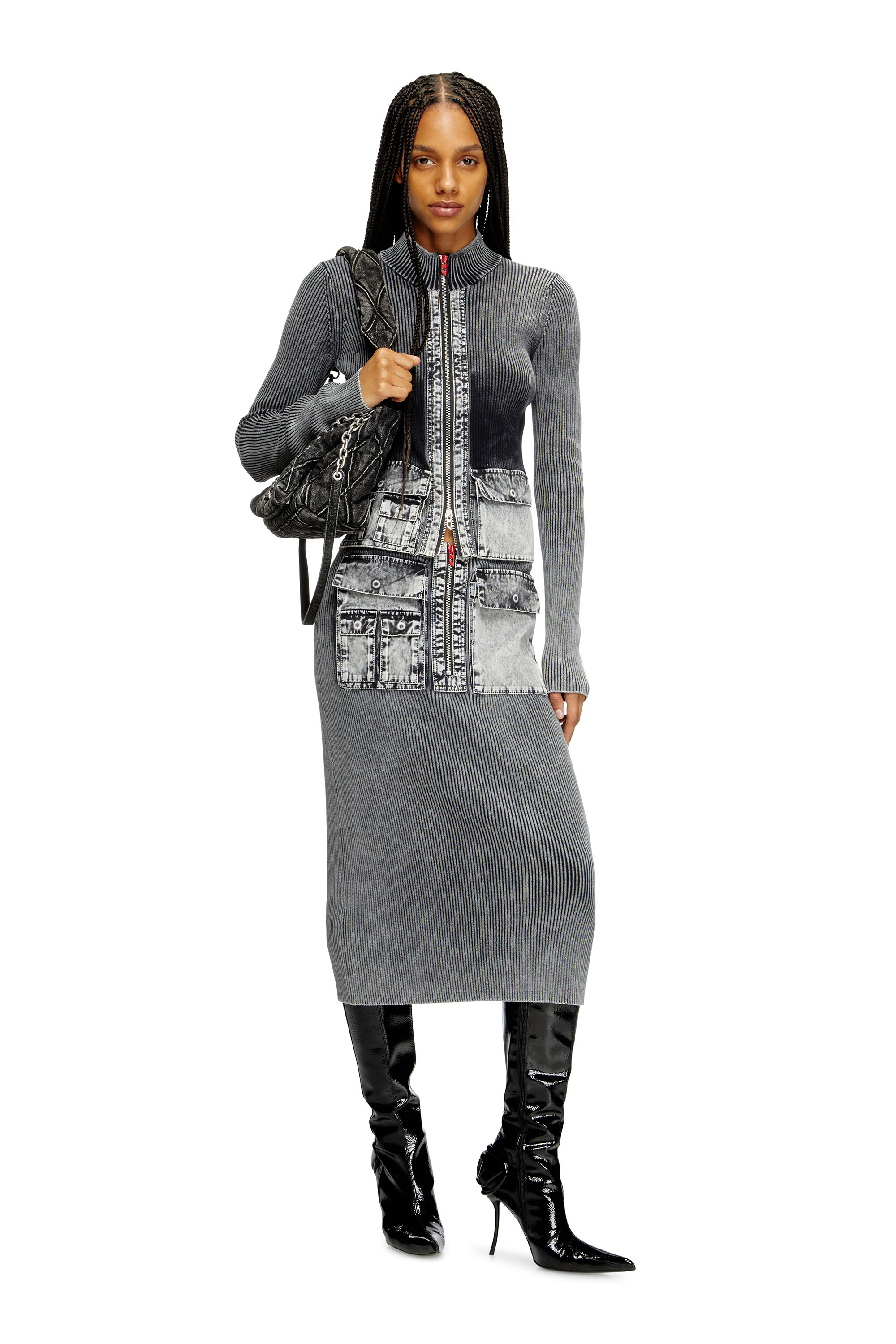 M-MERYN, Dark grey Diesel - M-MERYN, Woman's Knit midi skirt with denim cargo pockets in Dark grey - 1