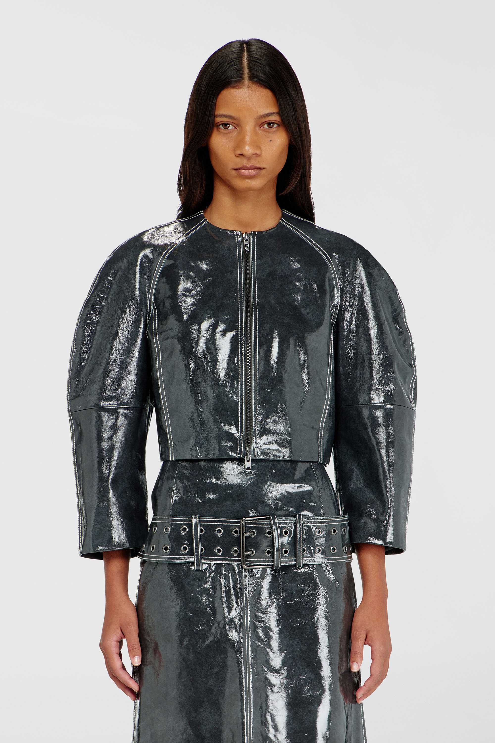 Diesel - L-ANDON, Woman's Patent-leather jacket with cocoon sleeves in Dark grey - 1
