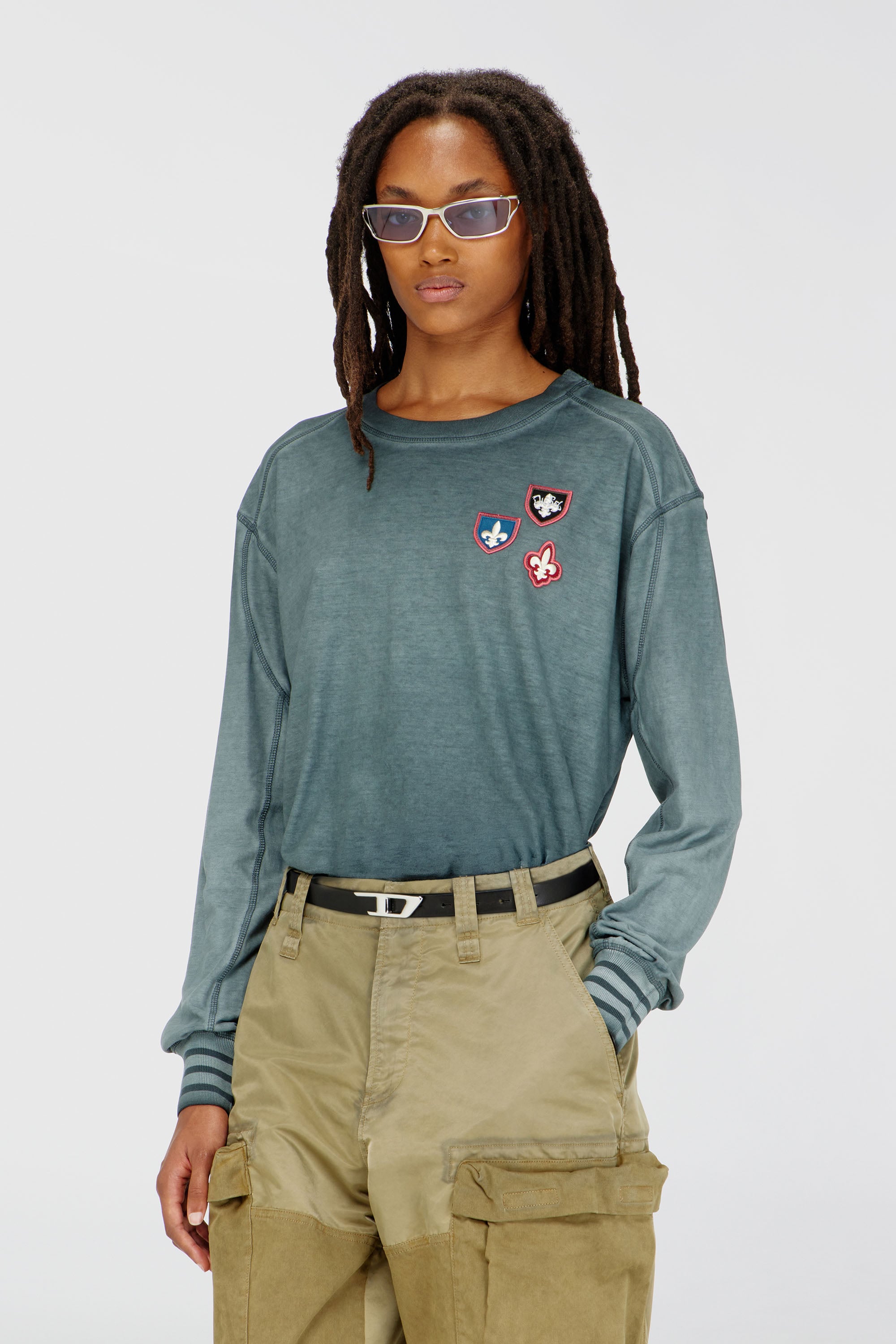 Diesel - T-BAWYE-LS, Woman's T-shirt with patches and microwaffle inserts in Dark Green - 1