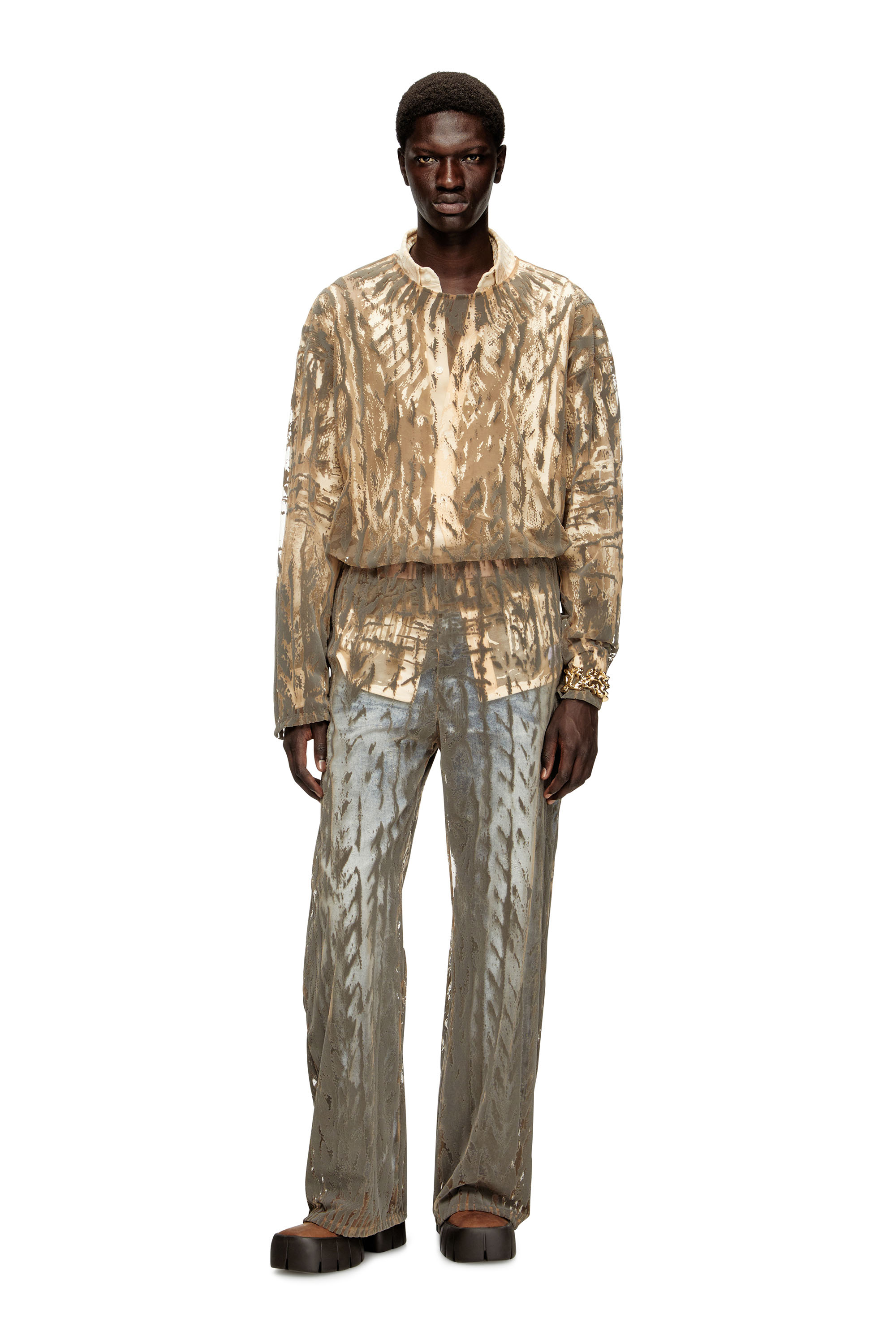 Diesel - T-TARAS, Man's Long-sleeve top in flocked tulle in Light Grey - 1