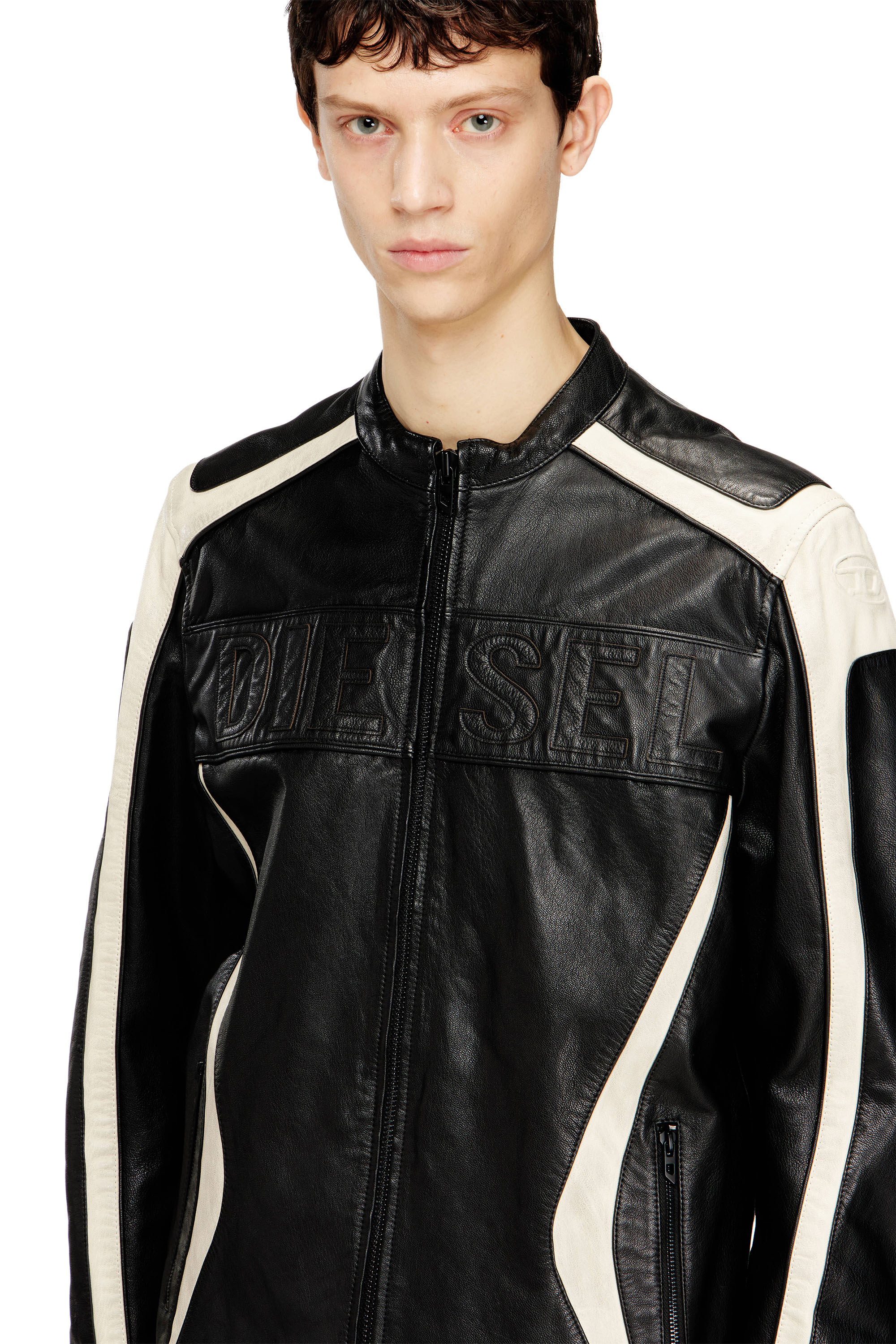 Diesel - L-ADAM, Man's Colour-block leather biker jacket in Black/White - 5
