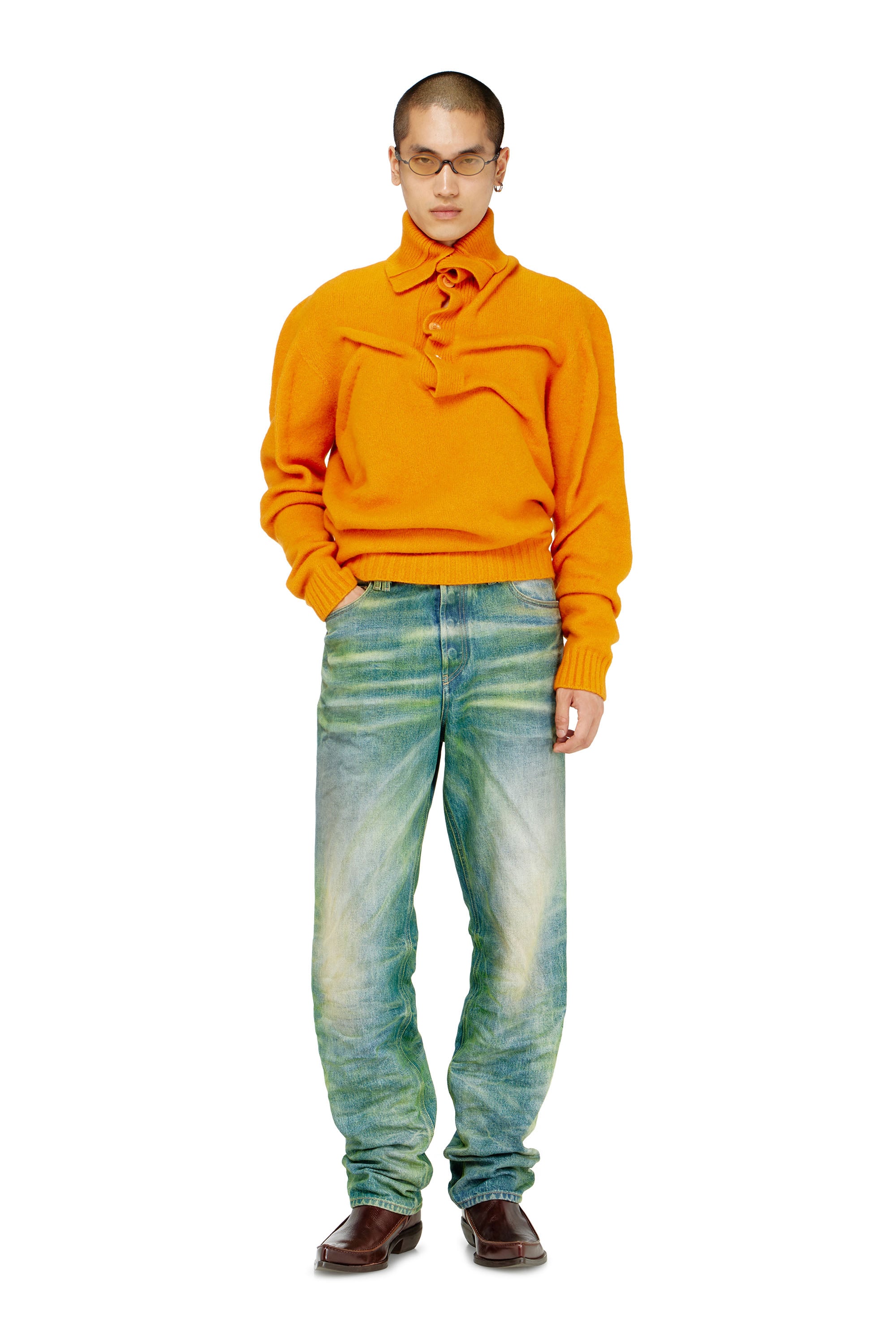 Diesel - K-ANDREW, Man's Button-neck jumper in wrinkled boiled knit in Orange - 2