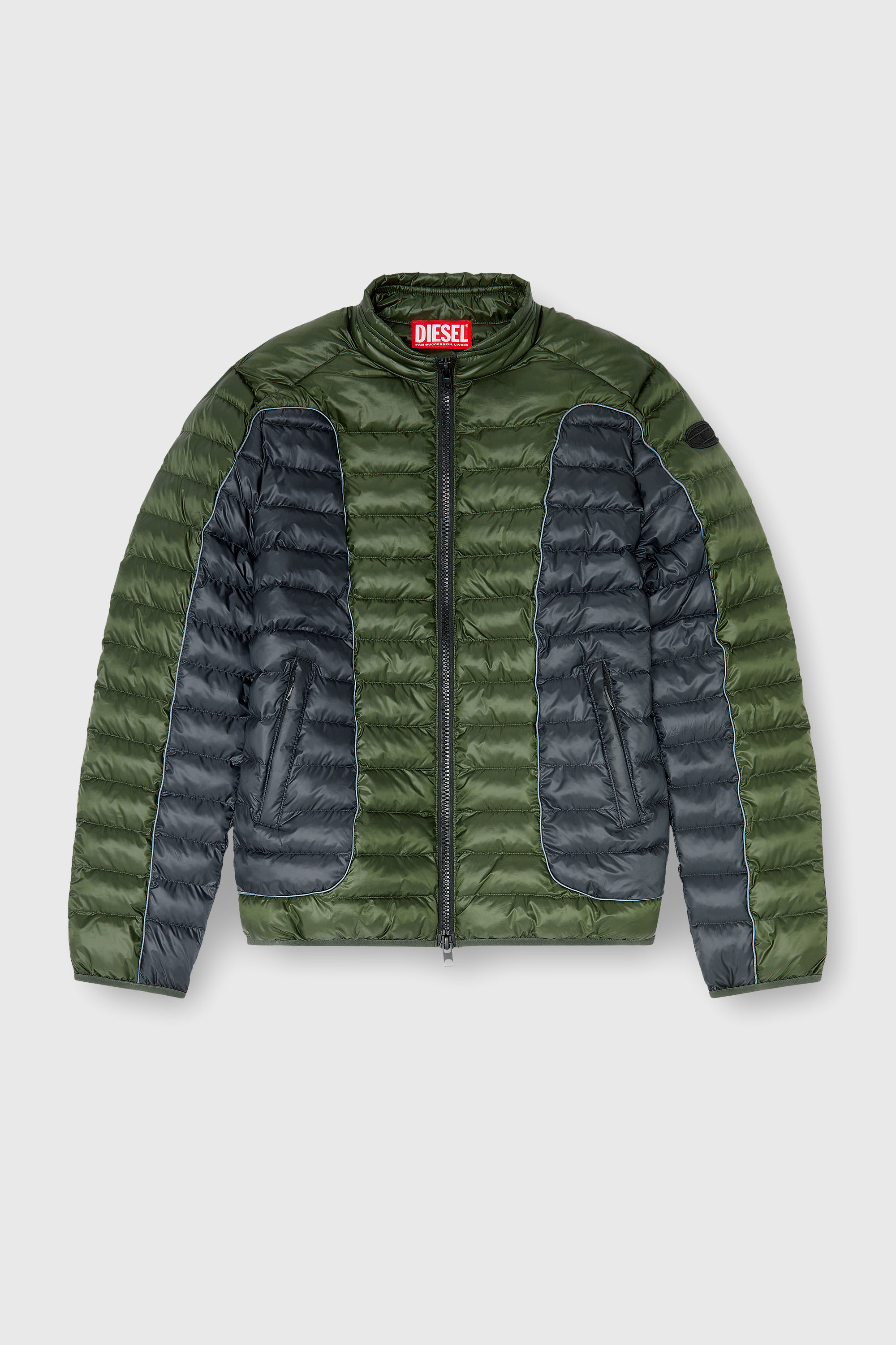 Diesel - W-PILOT-BLOCK, Man's Biker-style puffer jacket with colour-block design in Grey/Green - 2