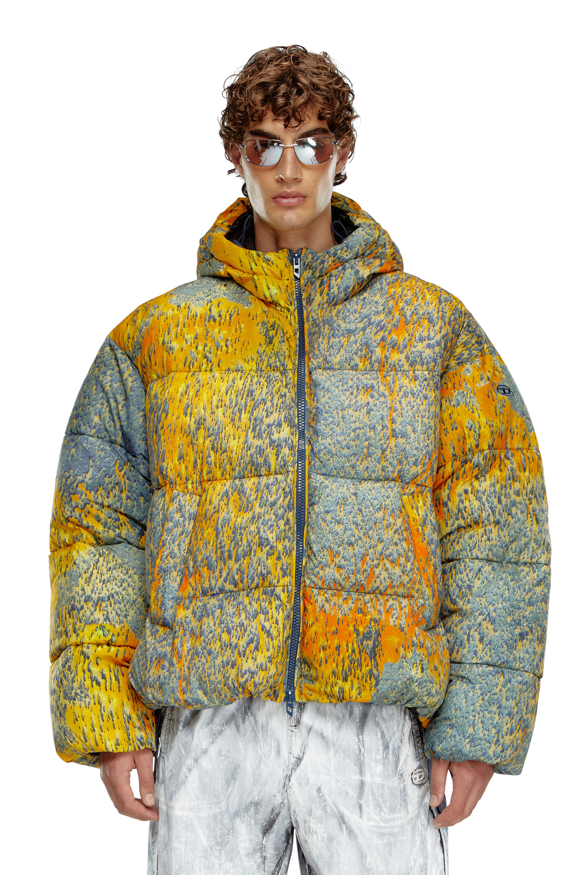 Diesel - W-BOGAERT, Man's Puffer jacket with acid rain effect in Blue/Orange - 2