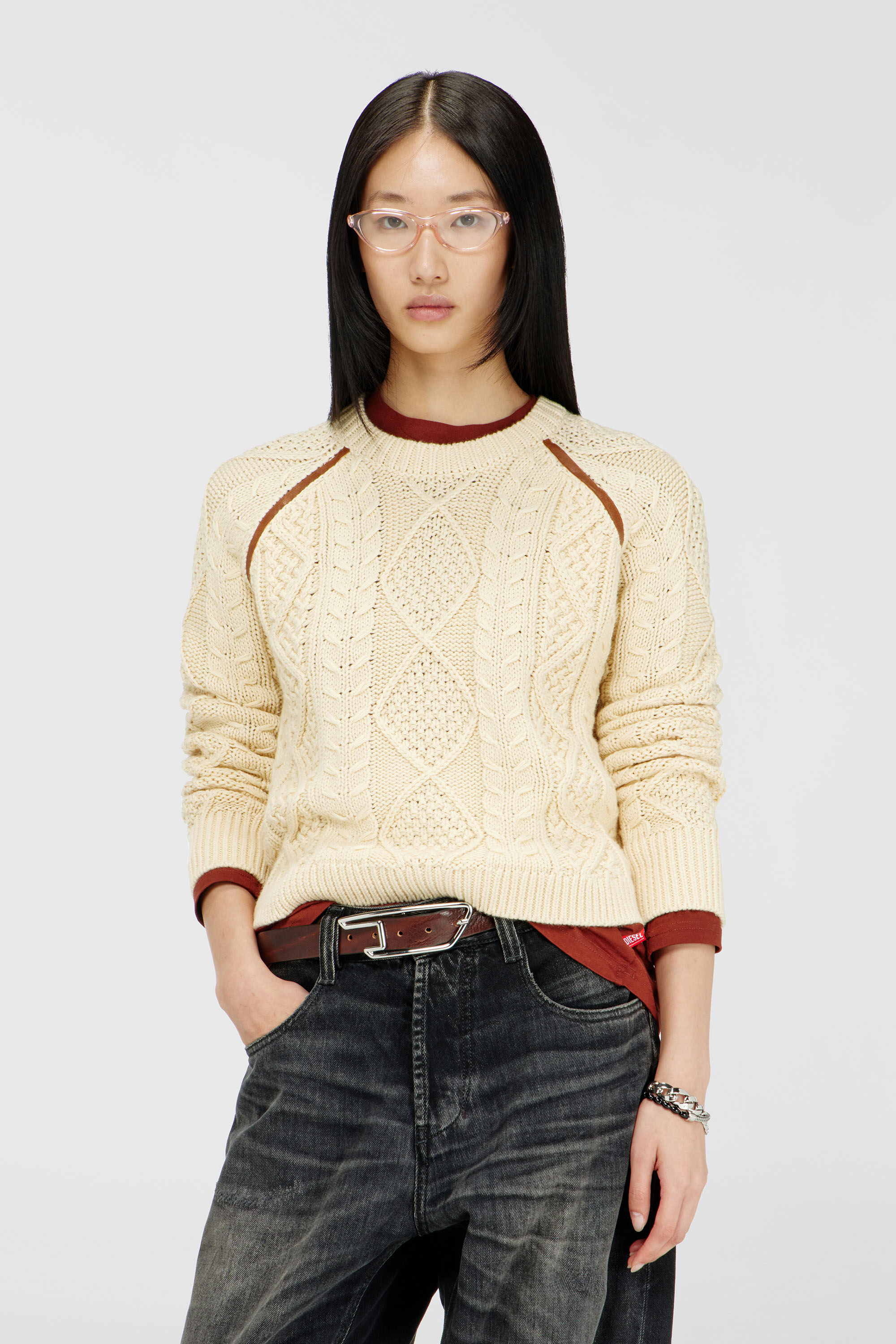 Diesel - M-INTANA, Woman's Cable-knit jumper with contrast bands in Yellow - 1