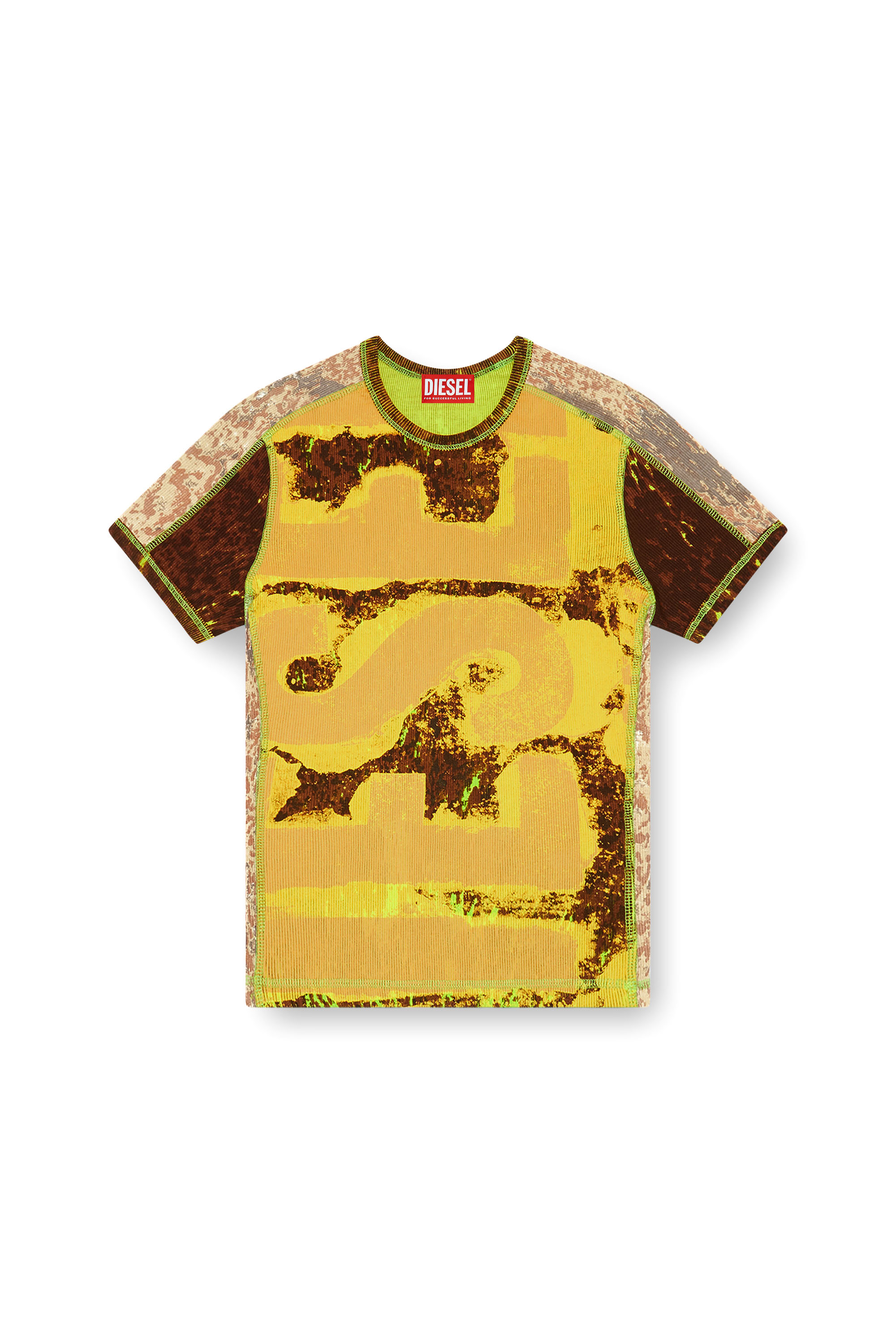 Diesel - T-ELE-LONG-P5, Woman's Ribbed T-shirt with abstract print in Brown/Yellow - 3