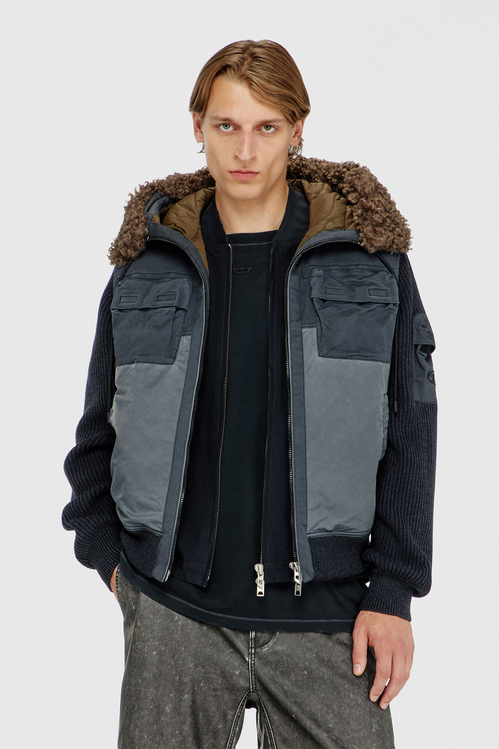Diesel - W-DELLS, Man's Hooded padded jacket with knitted sleeves in Dark Blue - 3