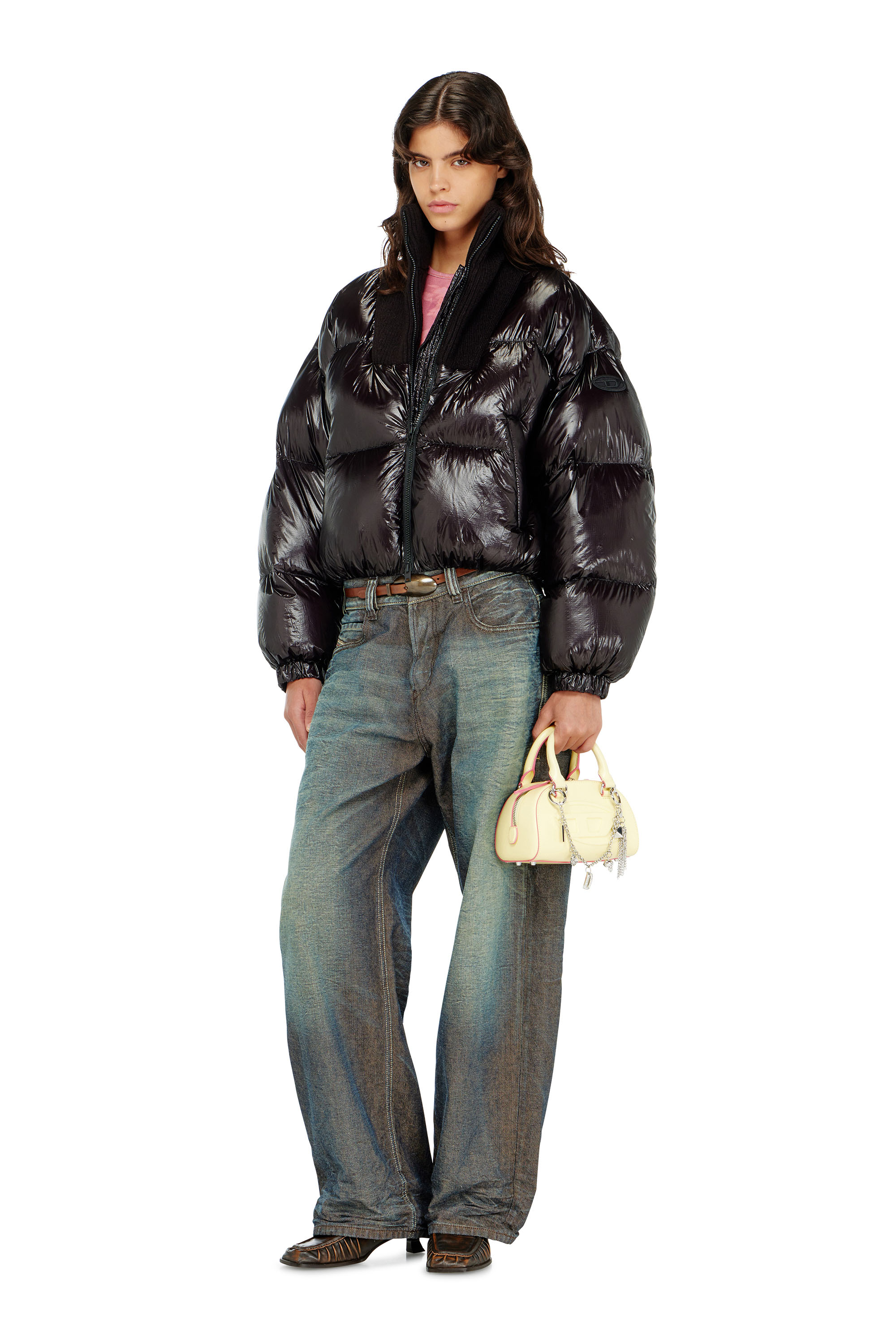 Diesel - W-ARRIOR, Woman's Down puffer jacket in ripstop with knitted collar in Black - 2