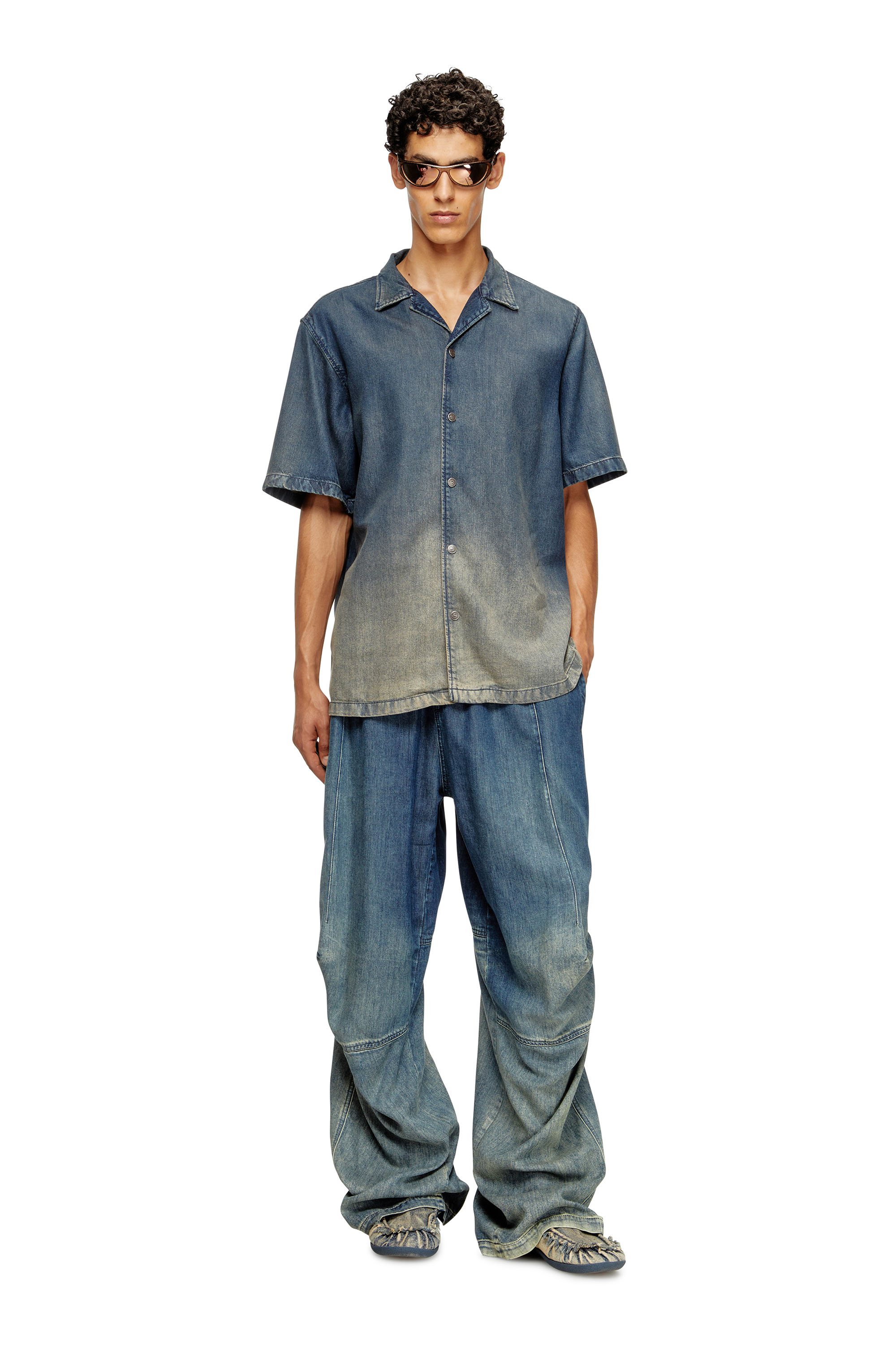 Diesel - D-NABIL-S3, Man's Bowling shirt in gradient fluid denim in Dark Blue - 1