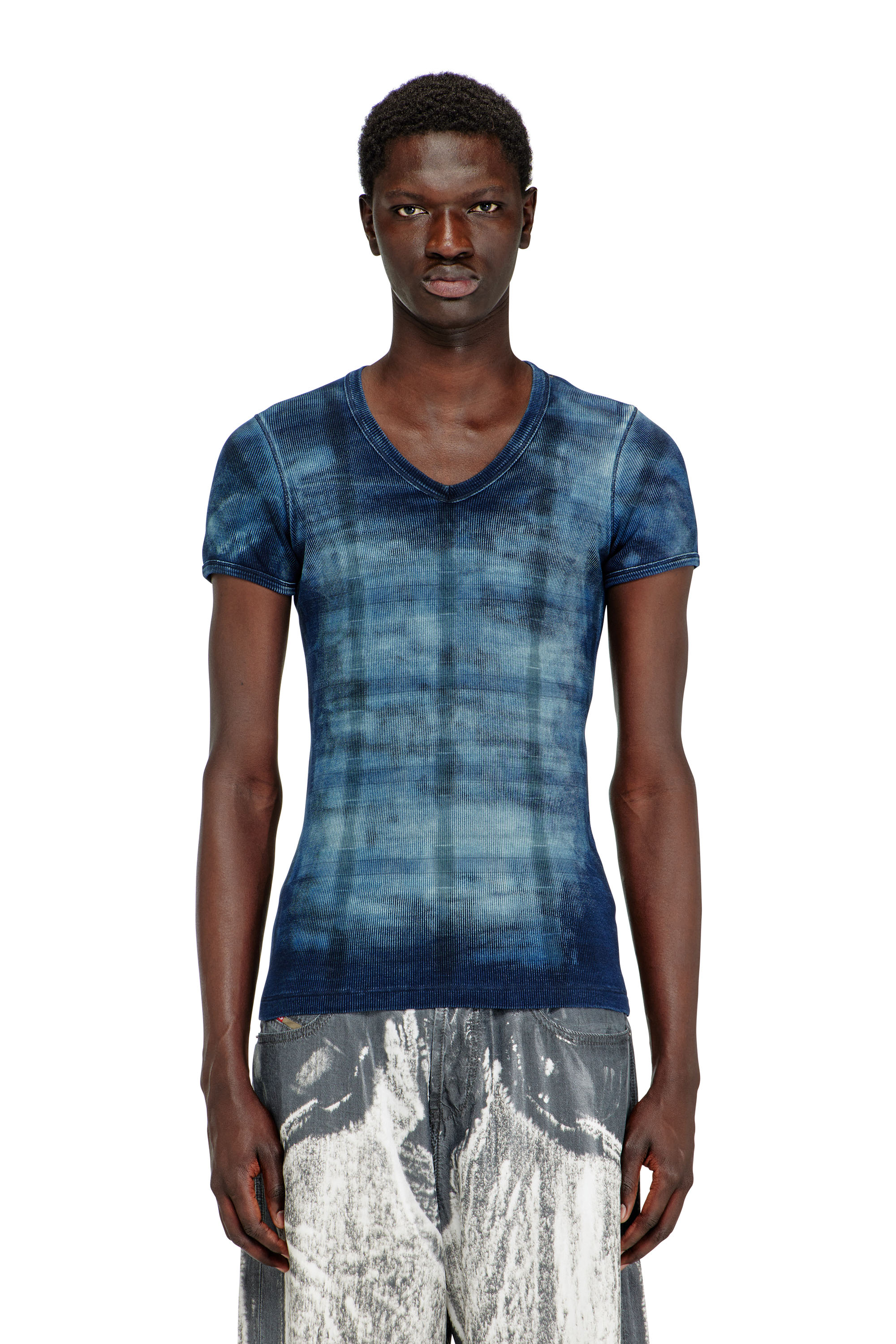 Diesel - T-LUUCAS, Man's X-ray top in check-print rib-jersey in Blue - 1