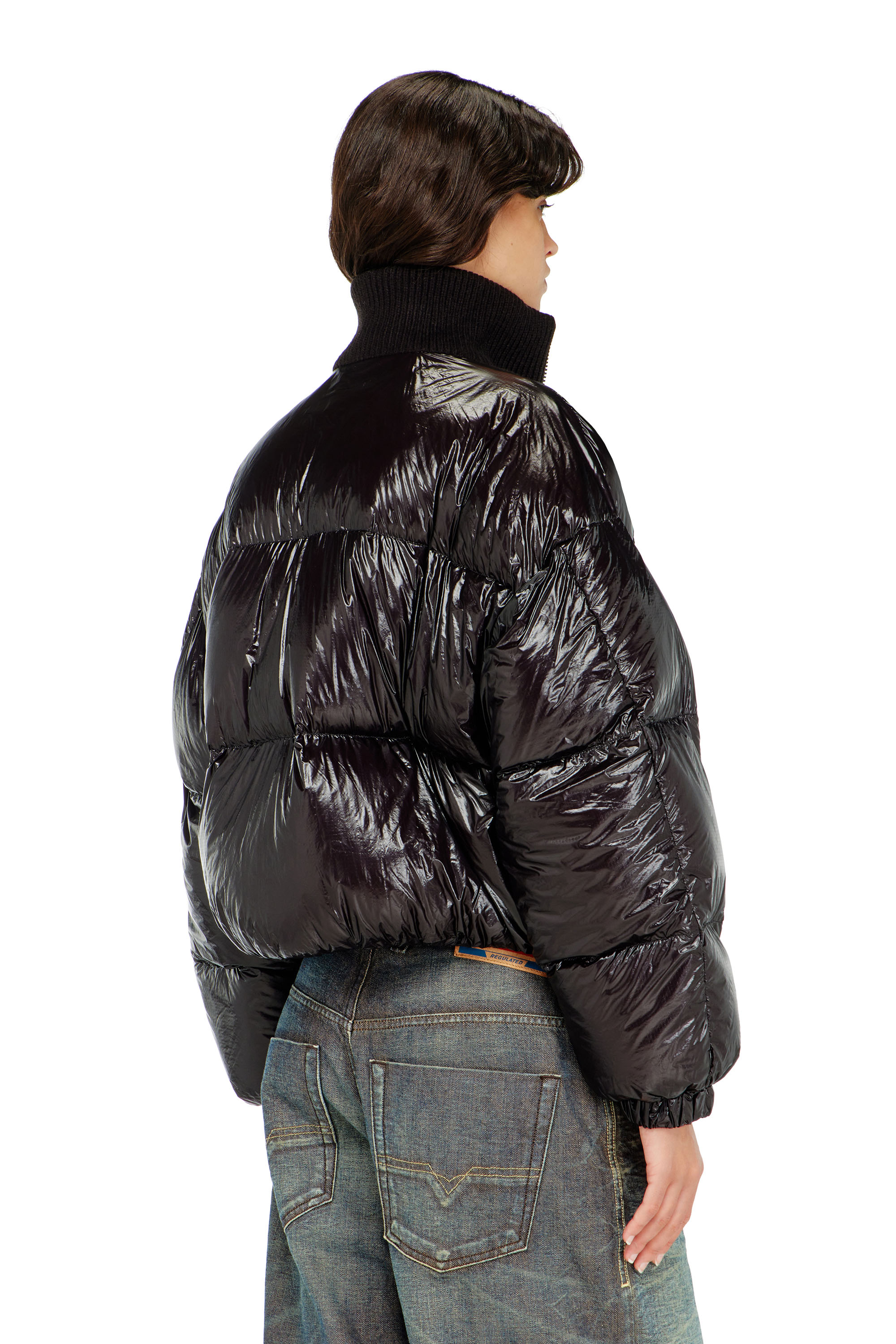 Diesel - W-ARRIOR, Woman's Down puffer jacket in ripstop with knitted collar in Black - 4