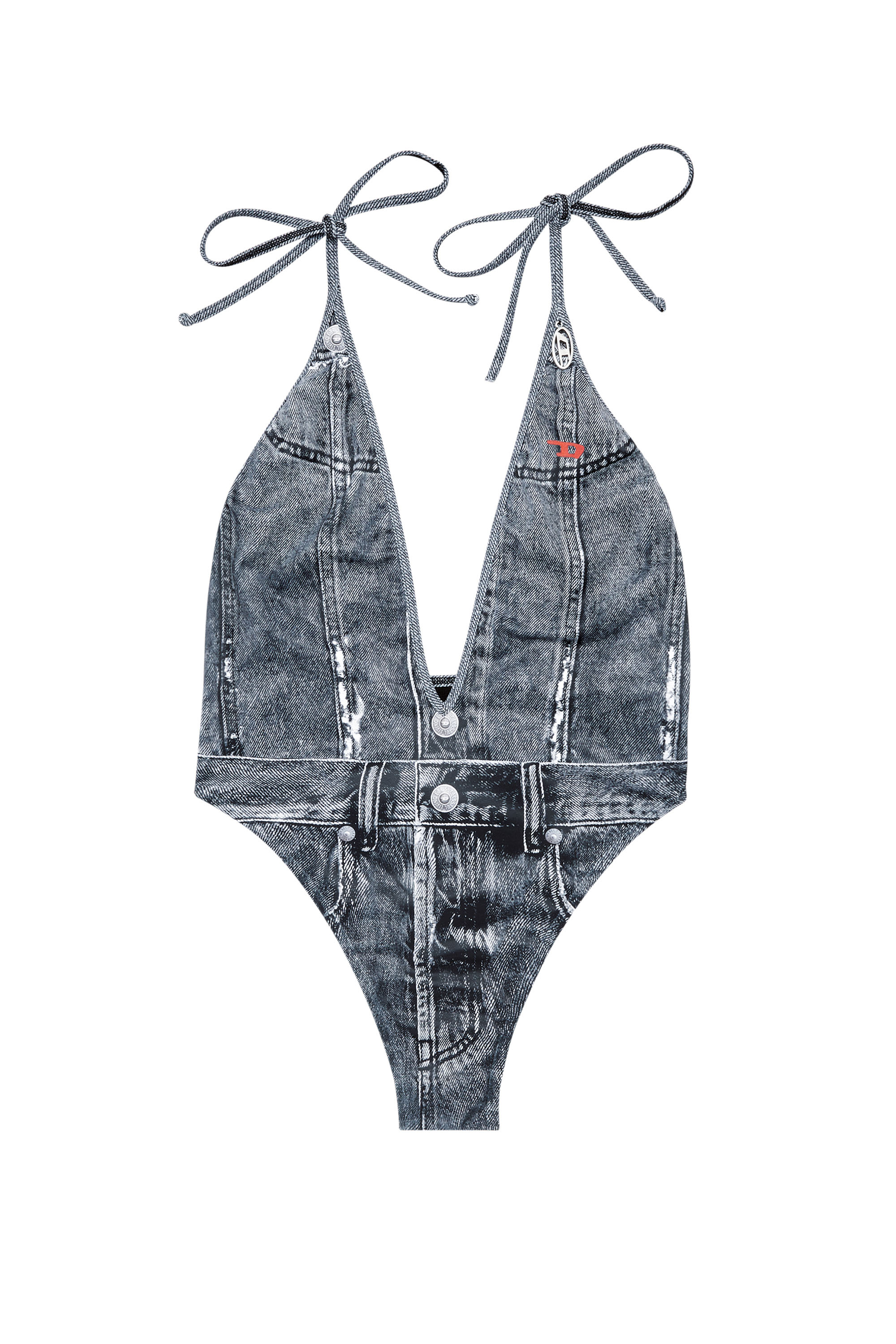 Diesel - KINSLEY-DNM, Woman's Plunging swimsuit with denim trompe l'oeil in Blue - 6
