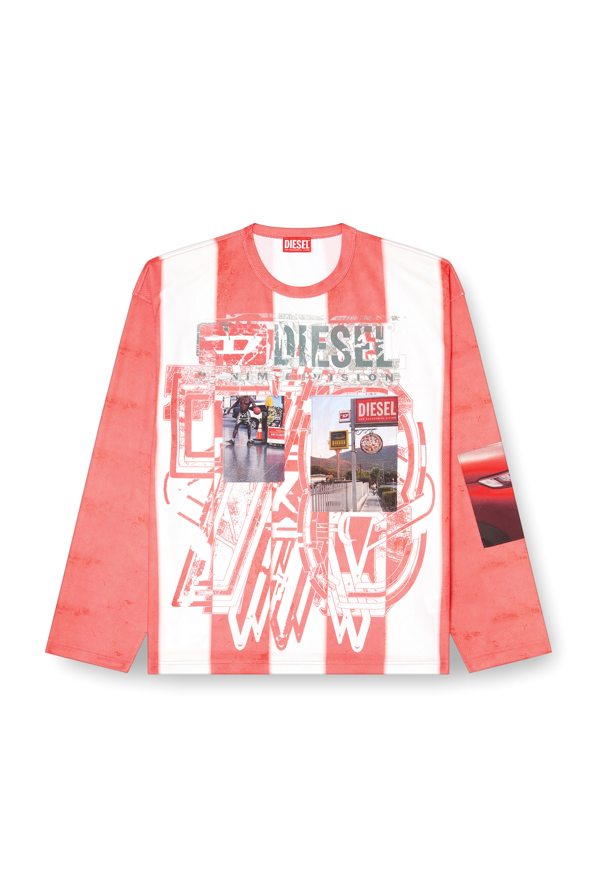 Diesel - T-RUBY, Man's Striped long-sleeve T-shirt with photo patches in Red/White - 2
