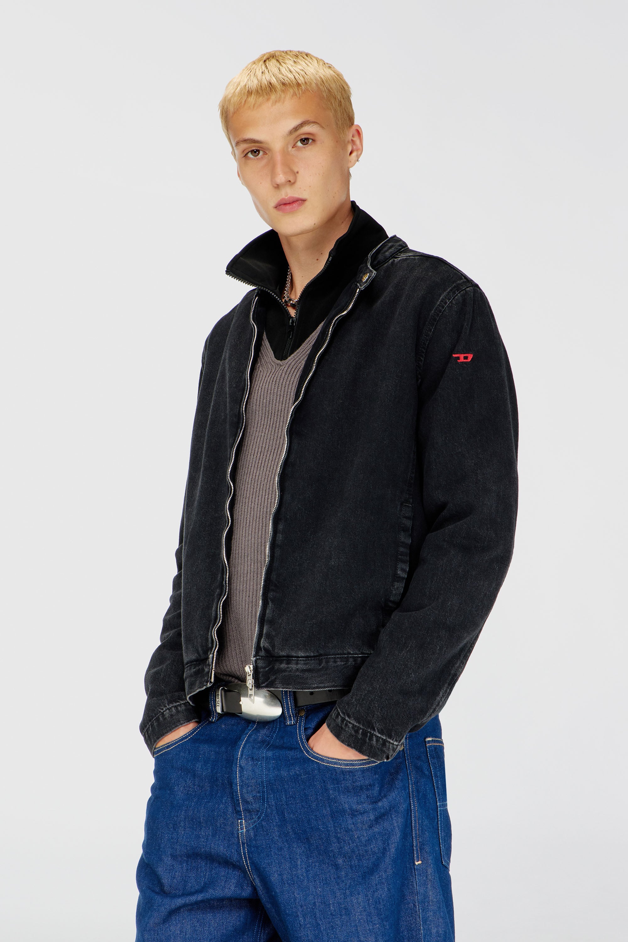 Diesel - D-GLORY, Man's Moto jacket in clean-wash denim in Black - 1