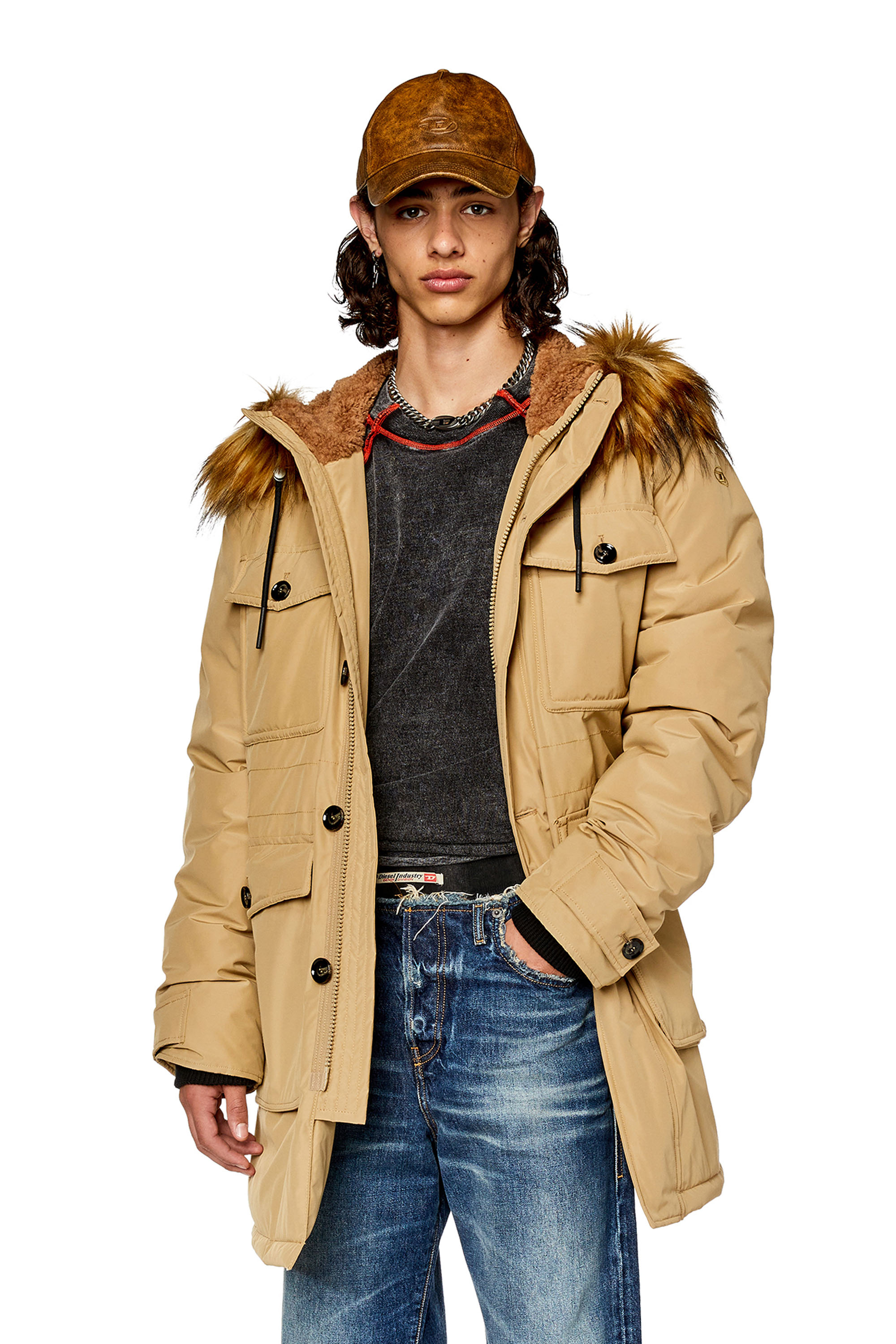 Diesel - W-JORGY, Man's Padded parka with fluffy trim at hood in Light Brown - 3