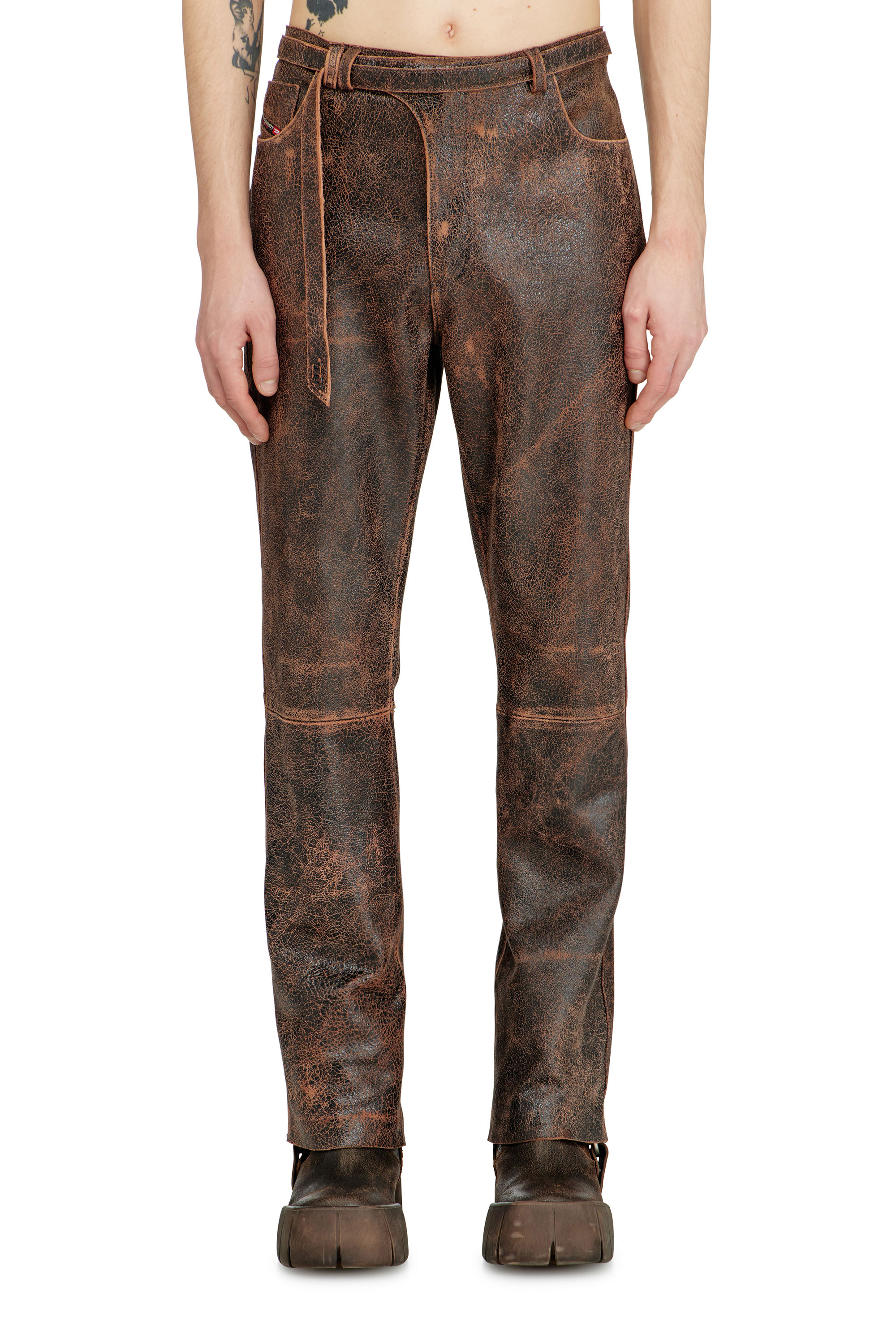 Diesel - P-NURI, Man's Cracked-leather pants with biker strap detail in Brown - 1