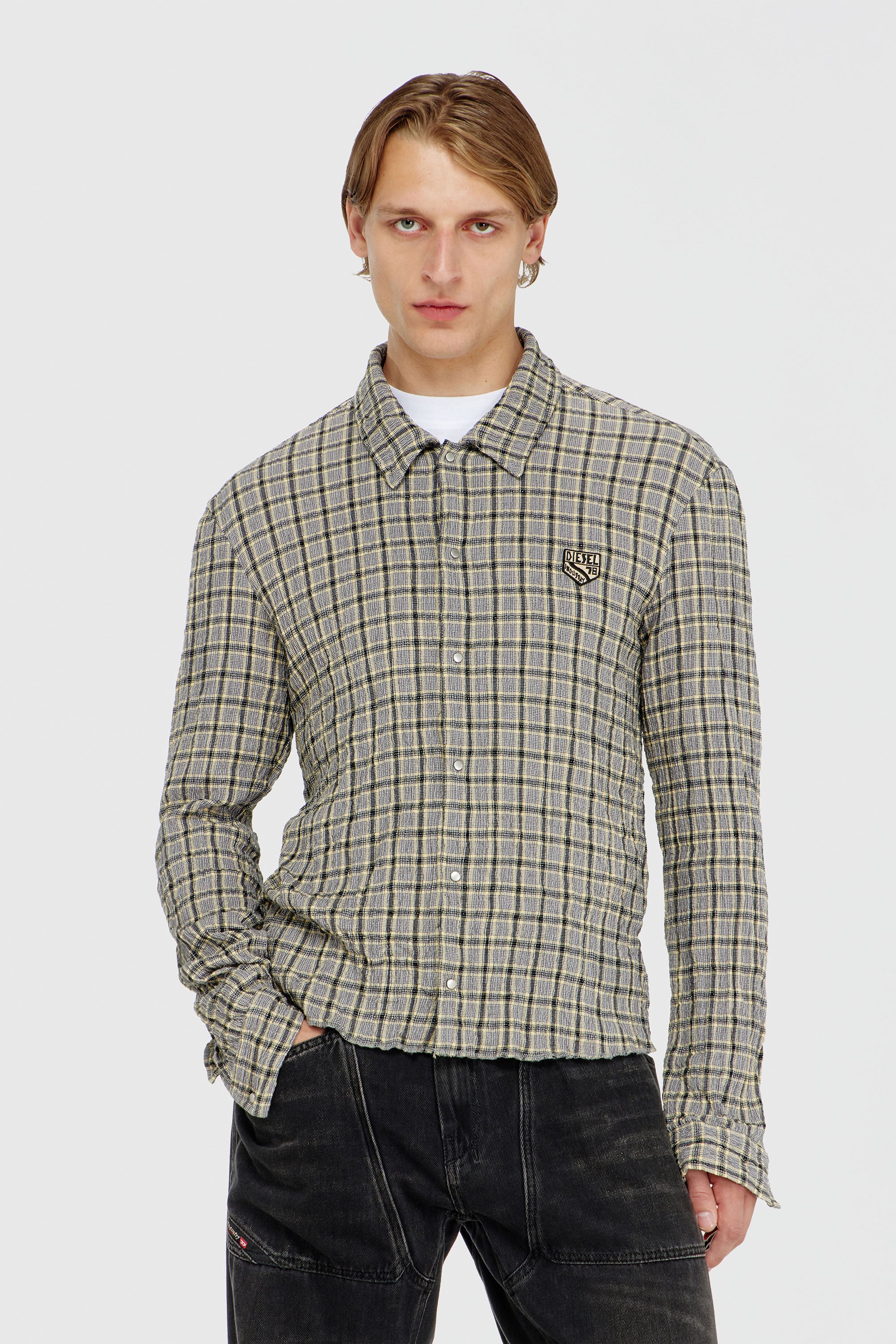 Diesel - S-SEERK, Man's Check shirt with seersucker effect in Green/Grey - 1