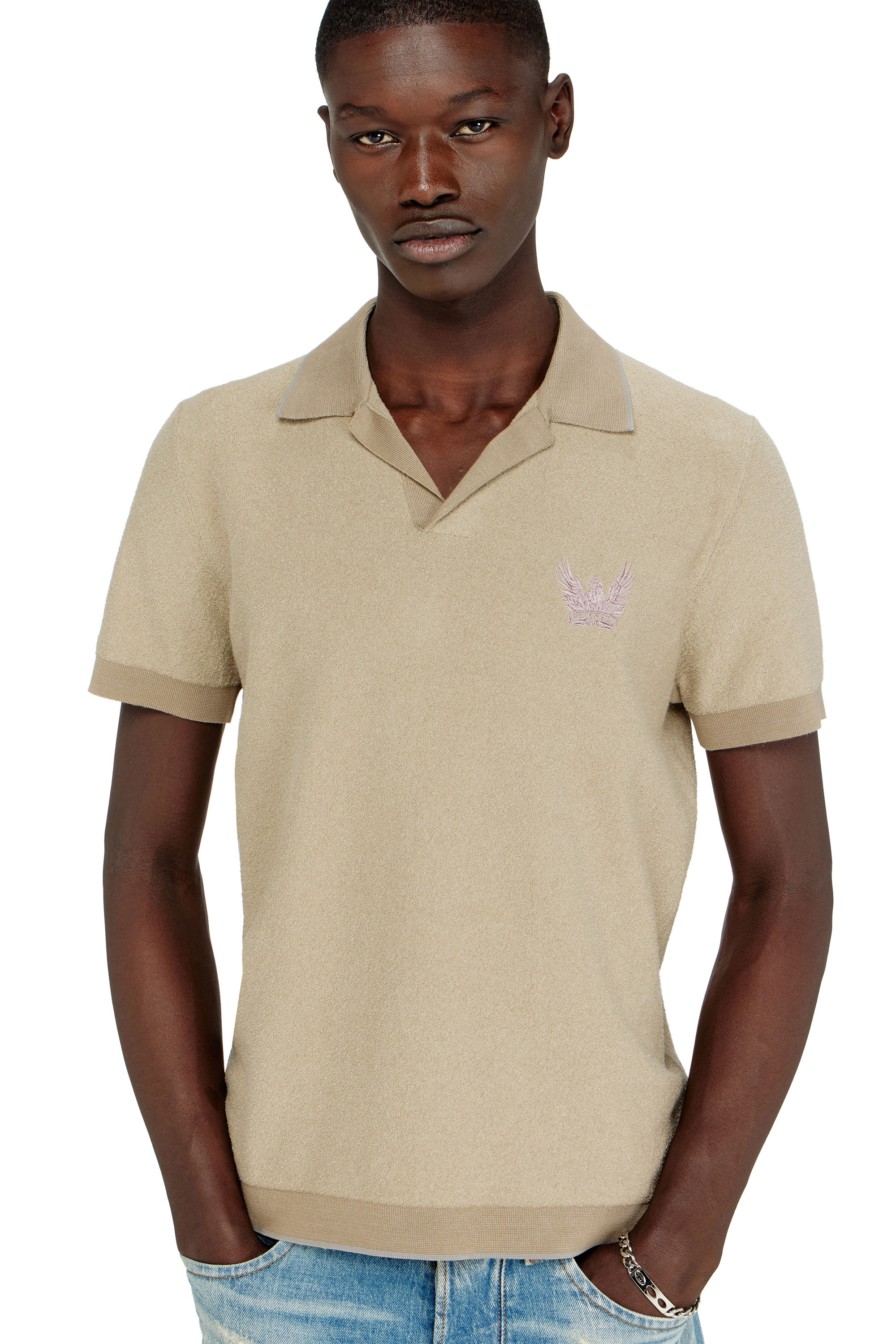 Diesel - K-RAILES, Man's Boucl&eacute;-knit polo shirt with Phoenix logo in Beige - 5