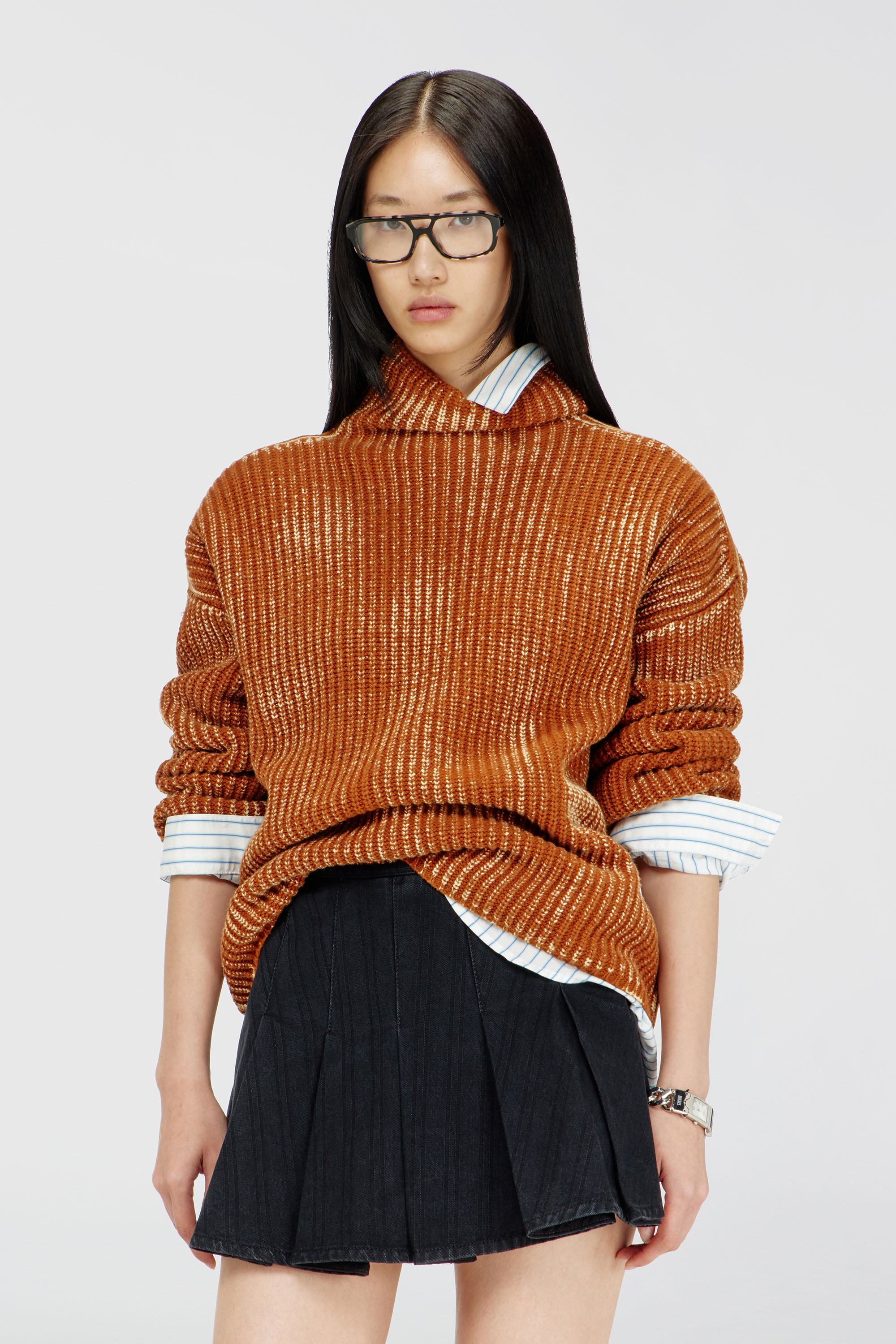 Diesel - M-AMET, Woman's Funnel-neck jumper in ribbed wool blend in Brown - 3