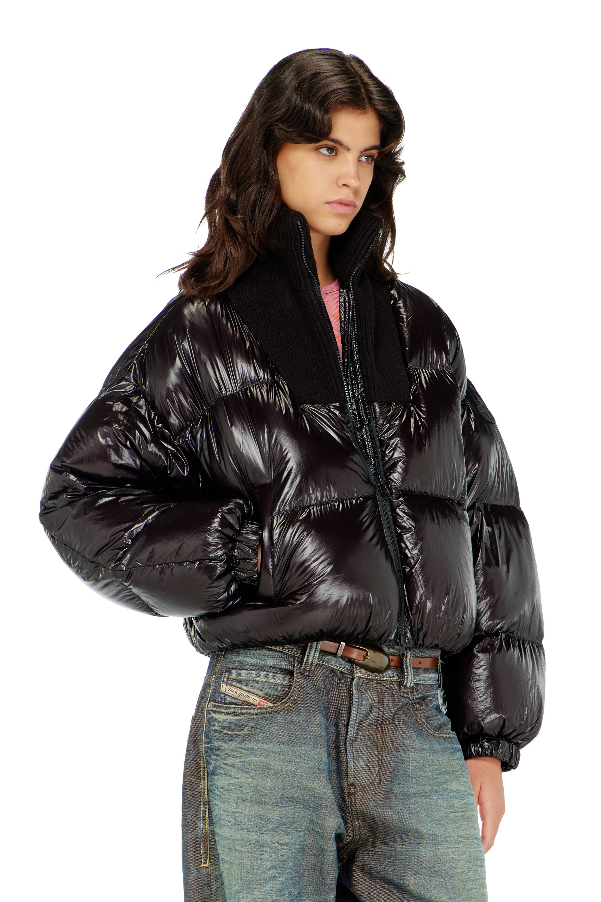 Diesel - W-ARRIOR, Woman's Down puffer jacket in ripstop with knitted collar in Black - 1