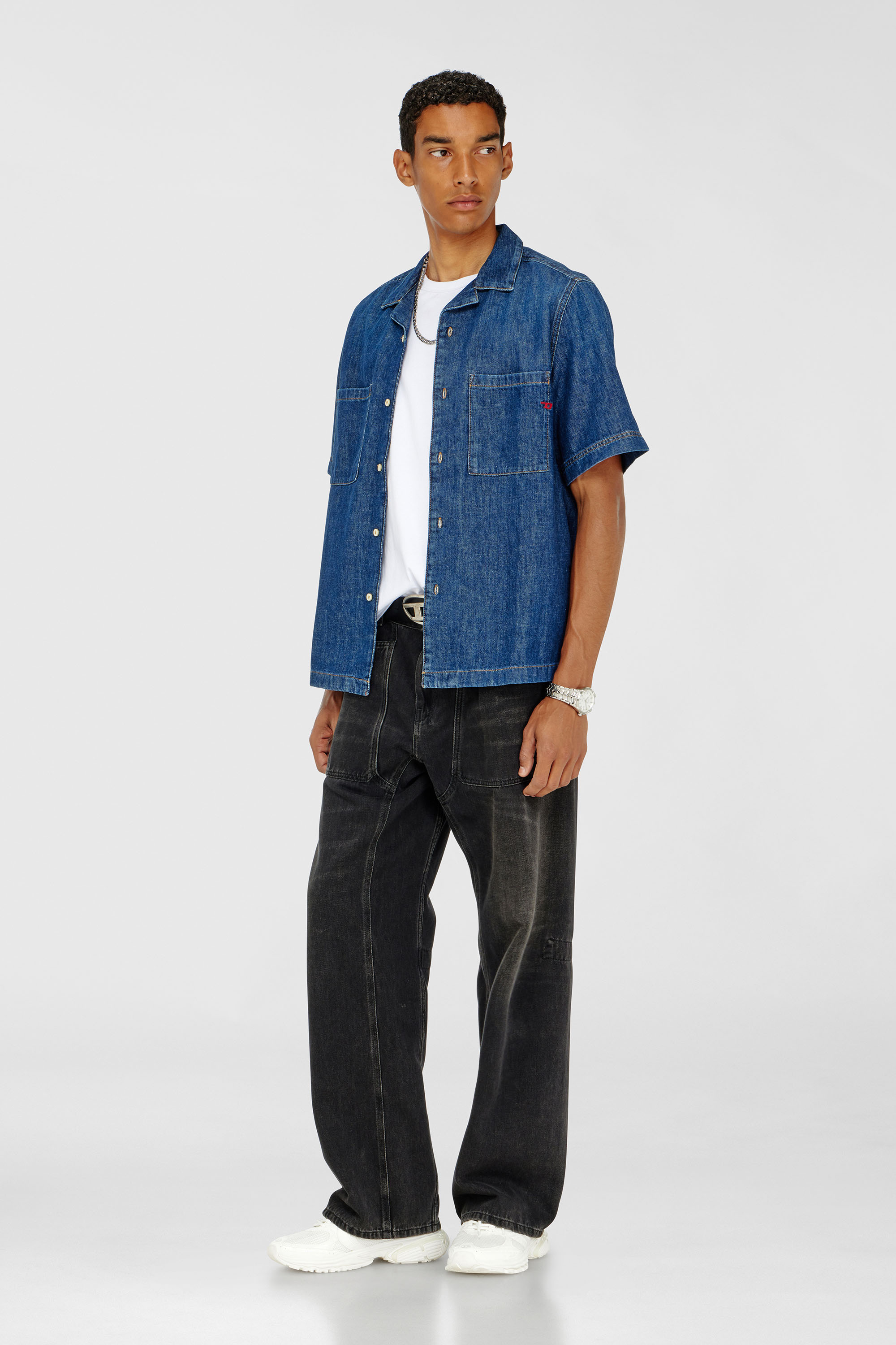 Diesel - D-PAROSHORT, Man's Bowling shirt in denim in Dark Blue - 1