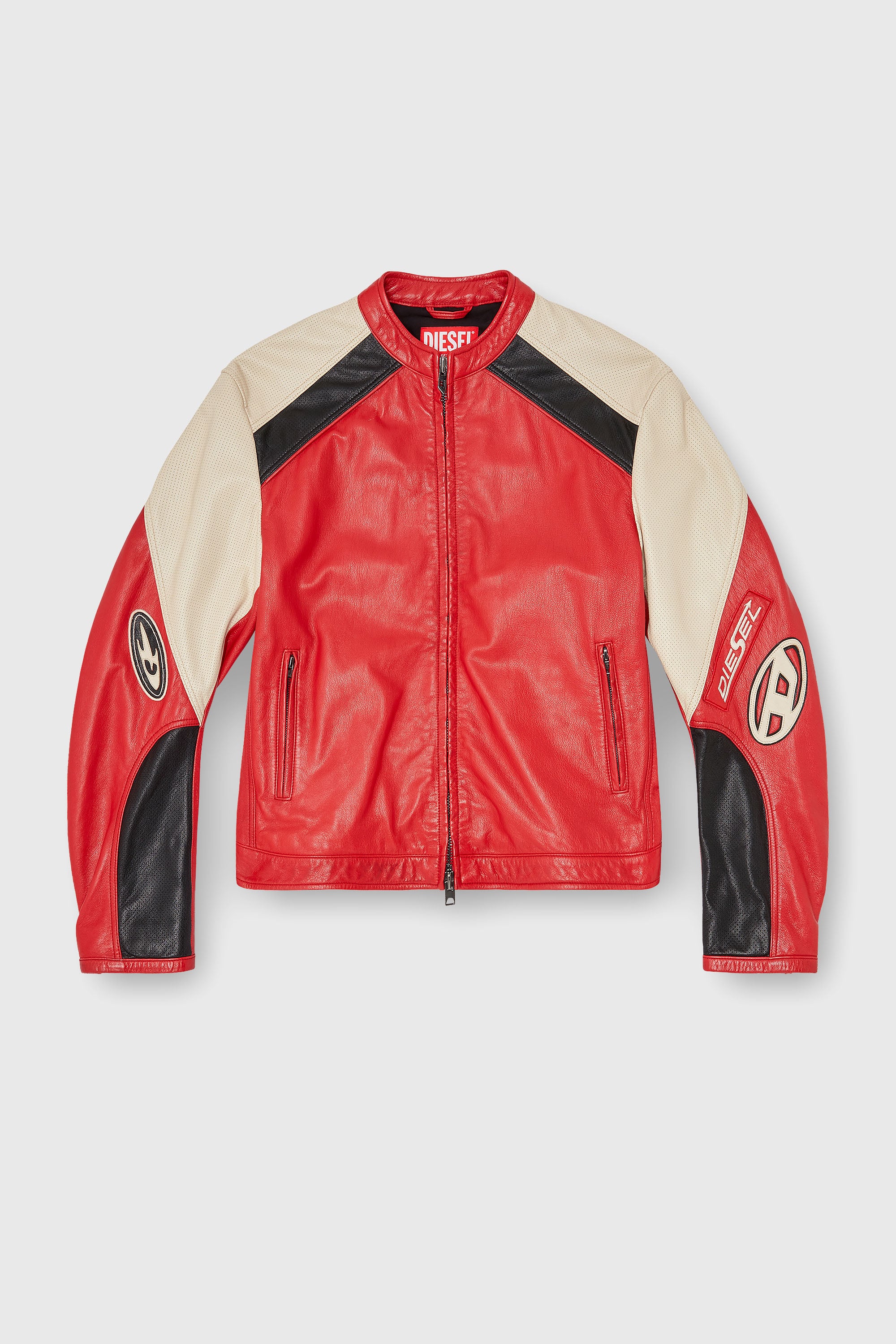 Diesel - L-AHTI, Man's Biker jacket in colour-block perforated leather in Beige/Red - 2