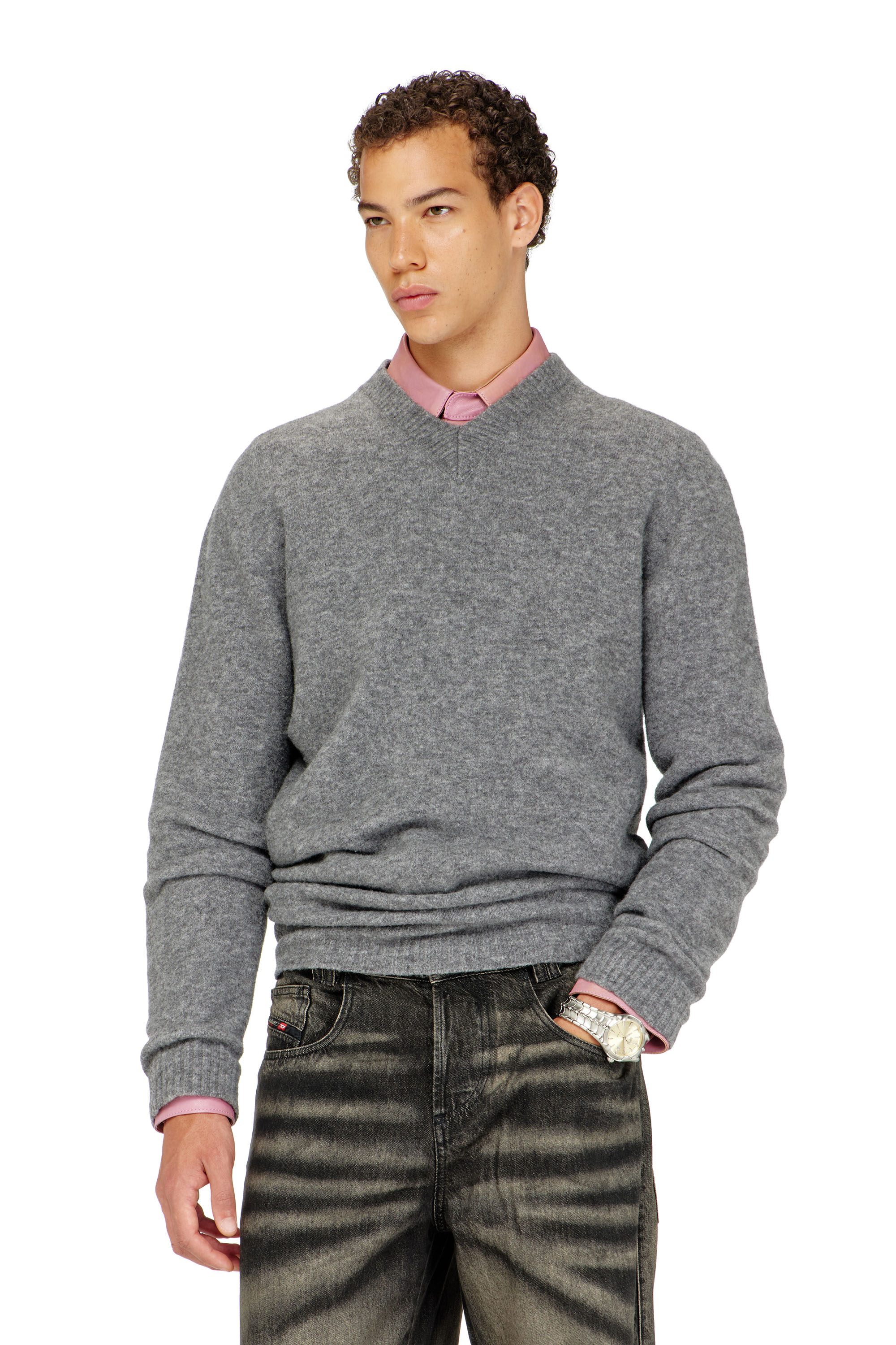 Diesel - K-ANDIE, Man's V-neck jumper in wrinkled boiled knit in Grey - 1