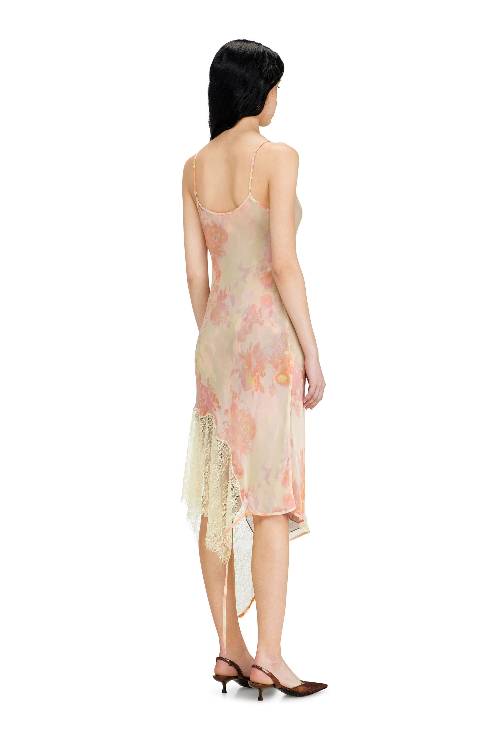 Diesel - D-ANCEL, Woman's Midi slip dress with floral print and lace trim in Pink/Yellow - 3