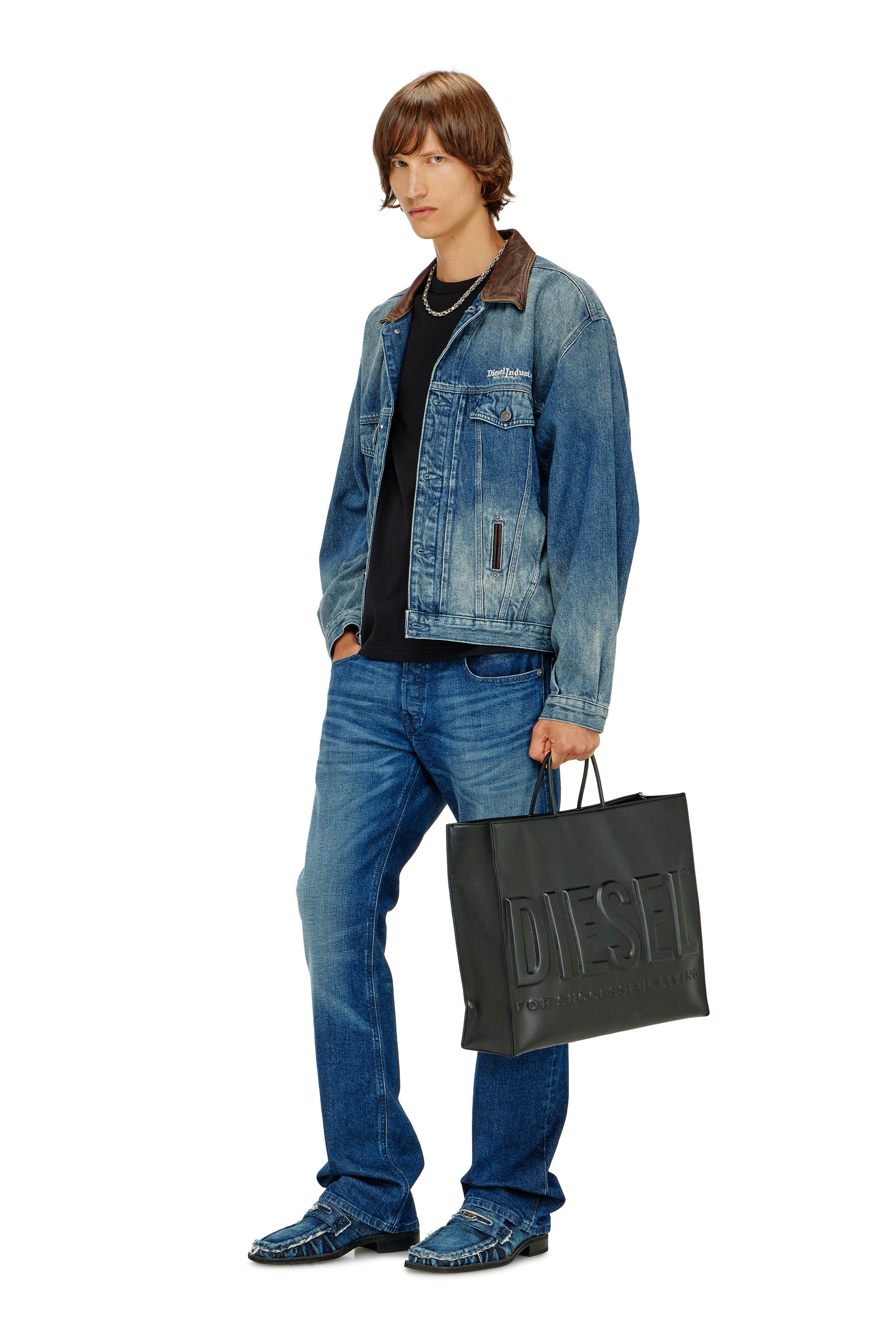 Diesel - D-DENVER-S1, Unisex's Denim trucker jacket with contrast leather trims in Blue - 4