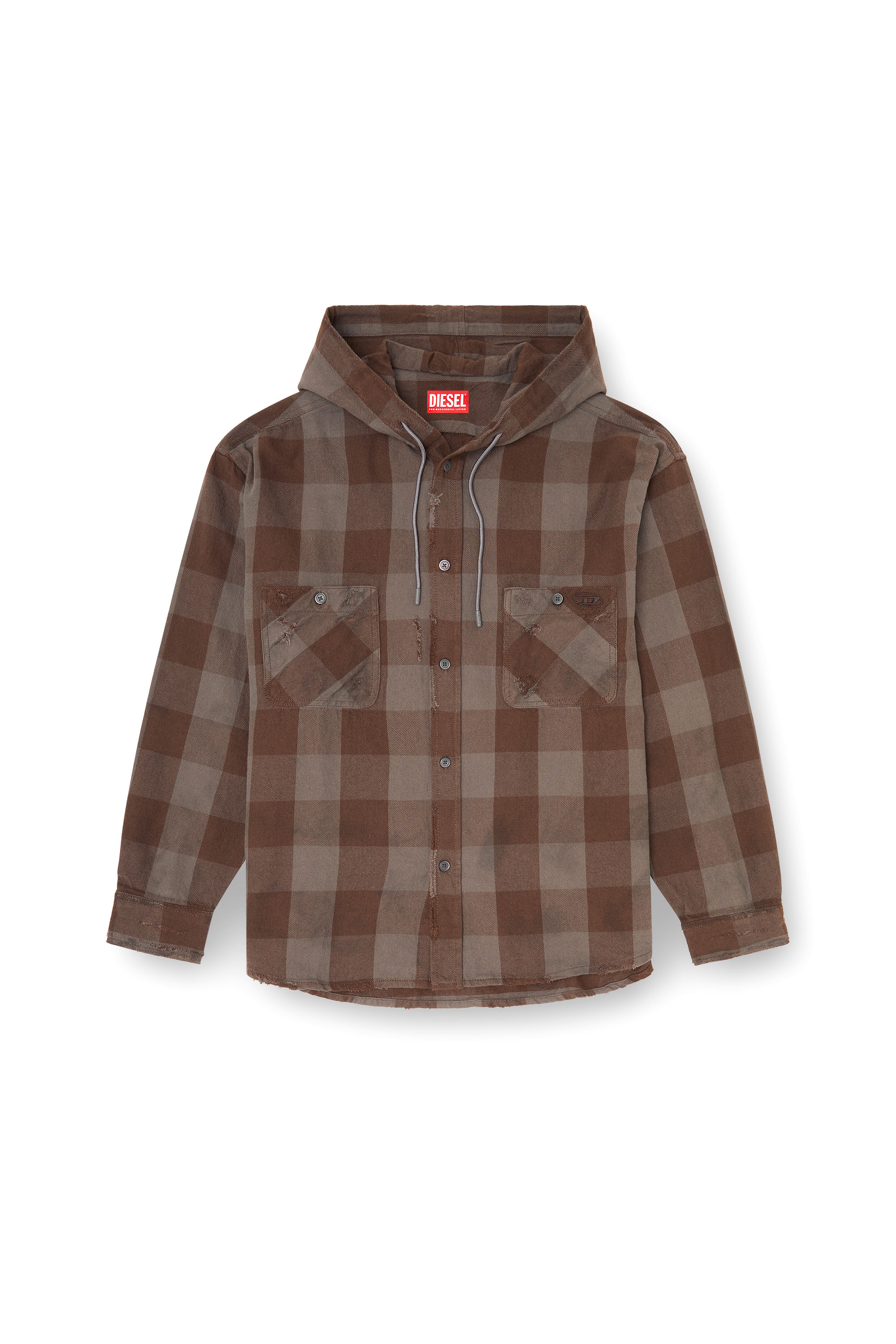 Diesel - S-DRUM-HOODY, Man's Distressed hooded shirt in check flannel in null - 3