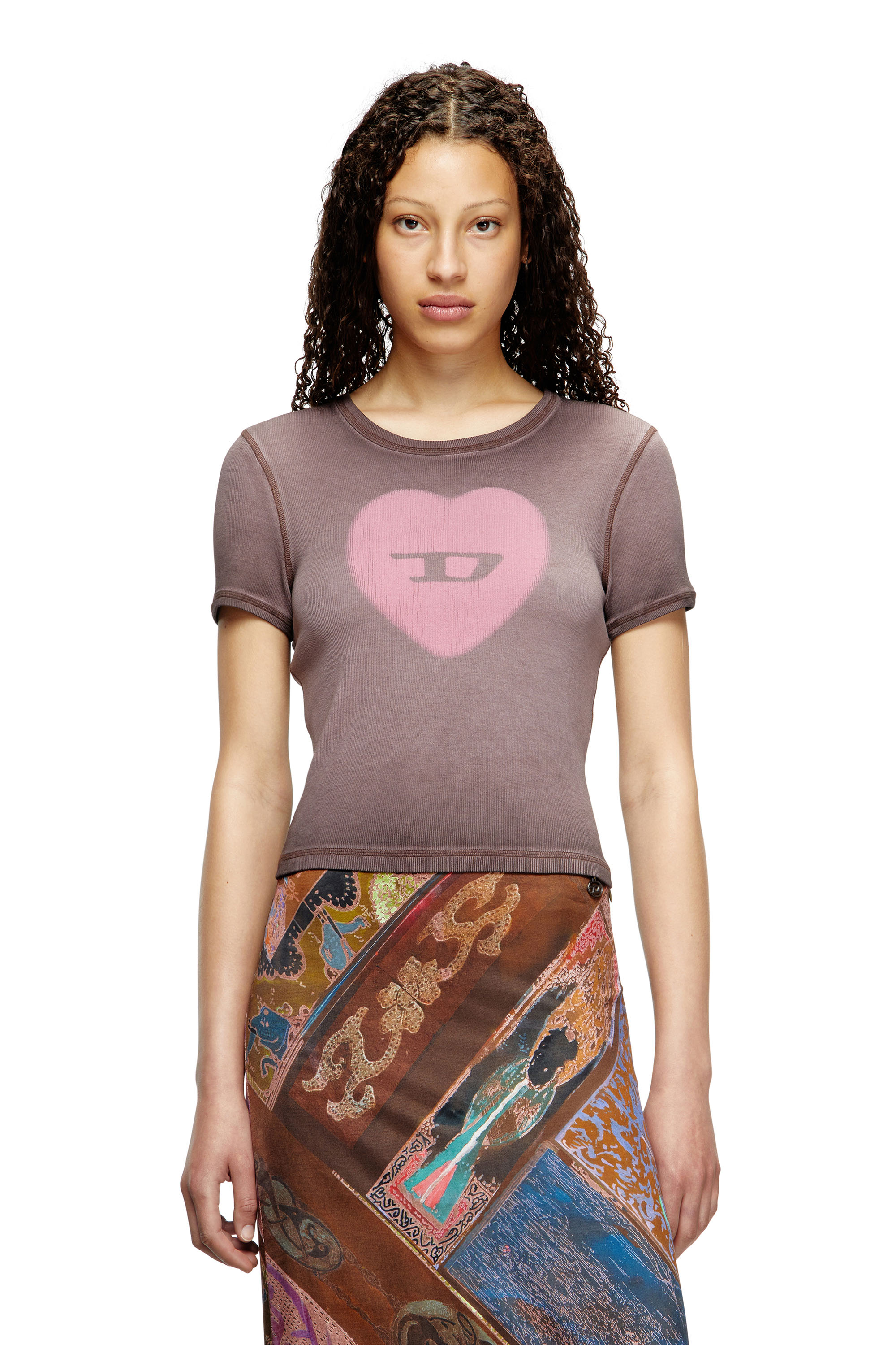 Diesel - T-ELE, Woman's Ribbed T-shirt with watercolour heart D in Lilac - 1