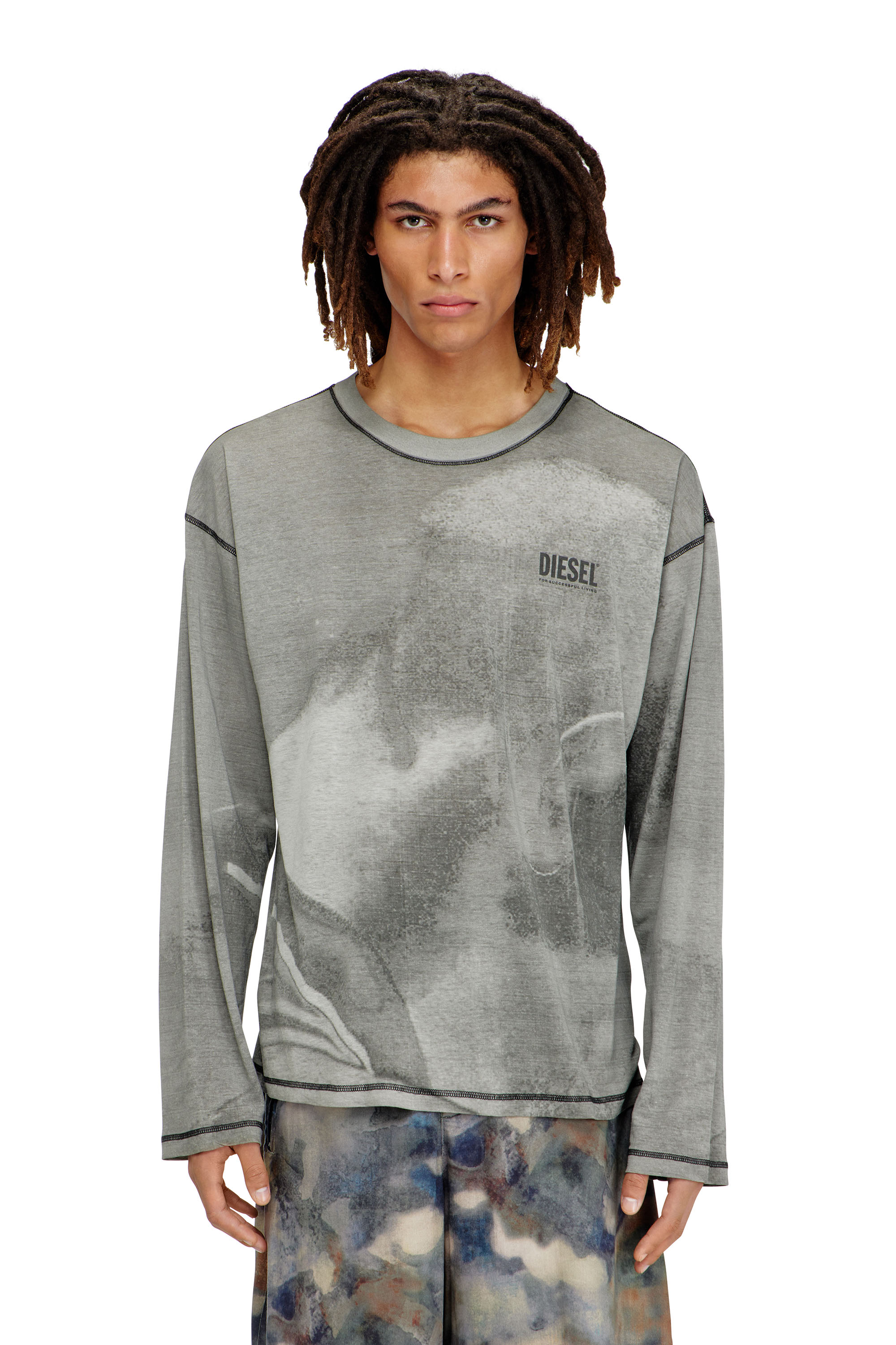 Diesel - T-BOXT-LS-NC-V1, Man's Long-sleeve T-shirt with trompe l'oeil print in Grey - 3