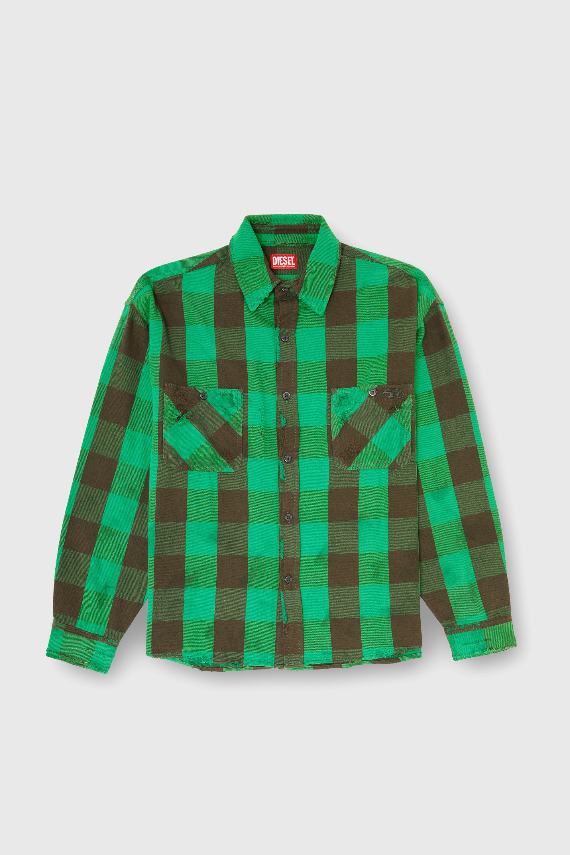 Diesel - S-DRUM, Man's Check flannel shirt with distressed effect in Brown/Green - 2