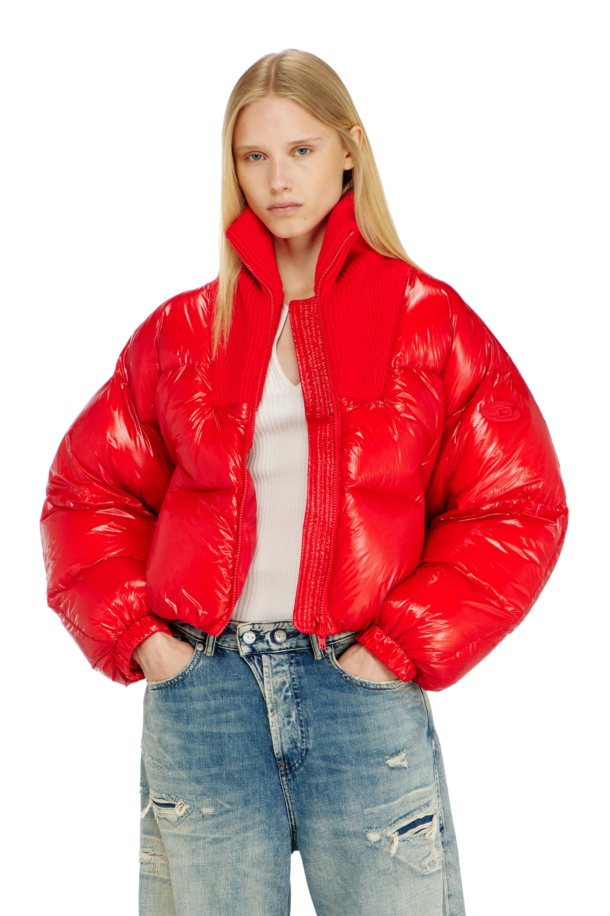 Diesel - W-ARRIOR, Woman's Down puffer jacket in ripstop with knitted collar in Red - 3