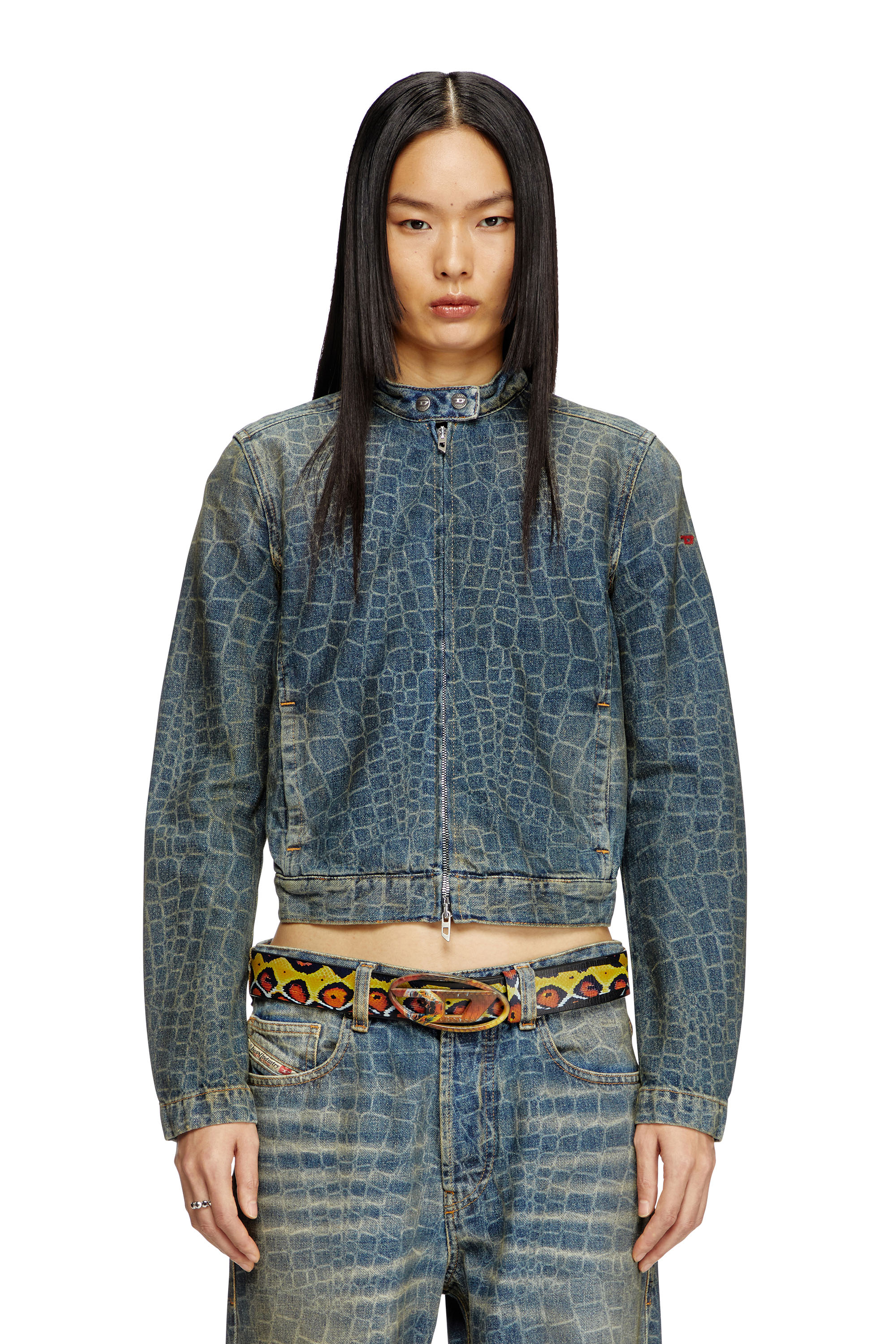 Diesel - CL-DE-MORNIN-SNAKE, Woman's Moto jacket in snake-print denim in Dark Blue - 2