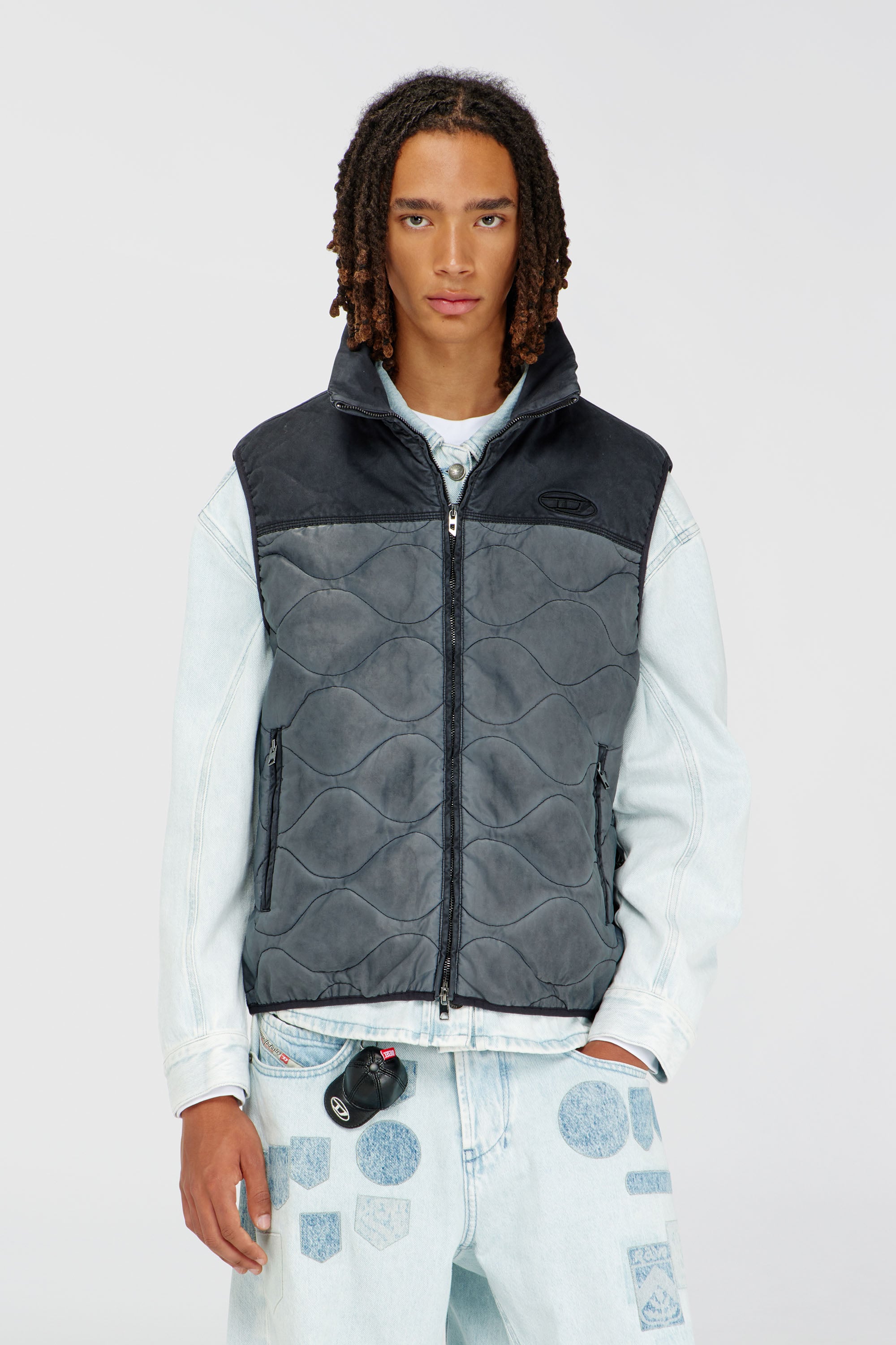 Diesel - J-ALVAR, Man's Quilted vest with fluffy neck lining in Dark grey - 1